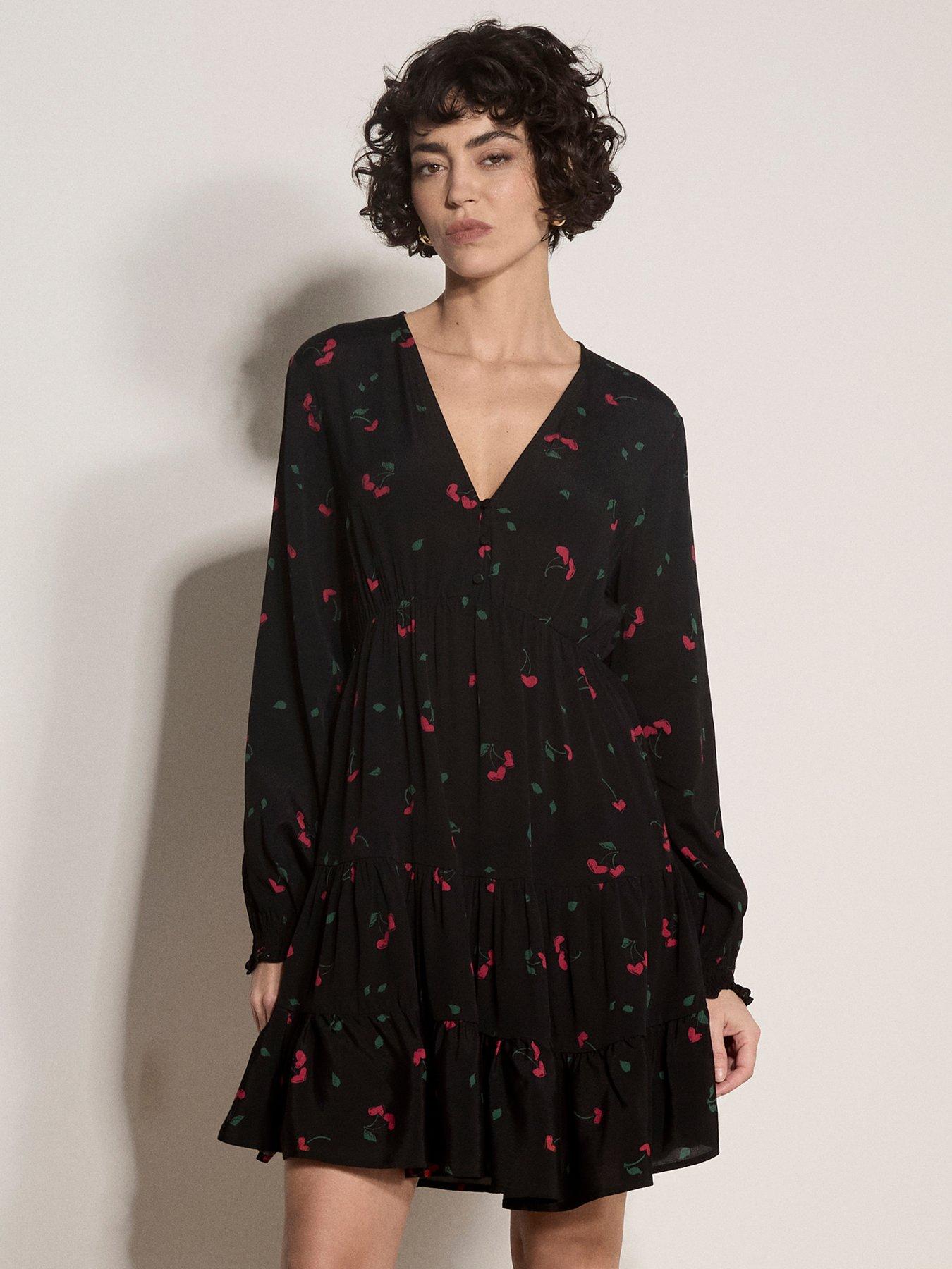 Apricot Cherry Hearts V-Neck Button Mini Dress - Black