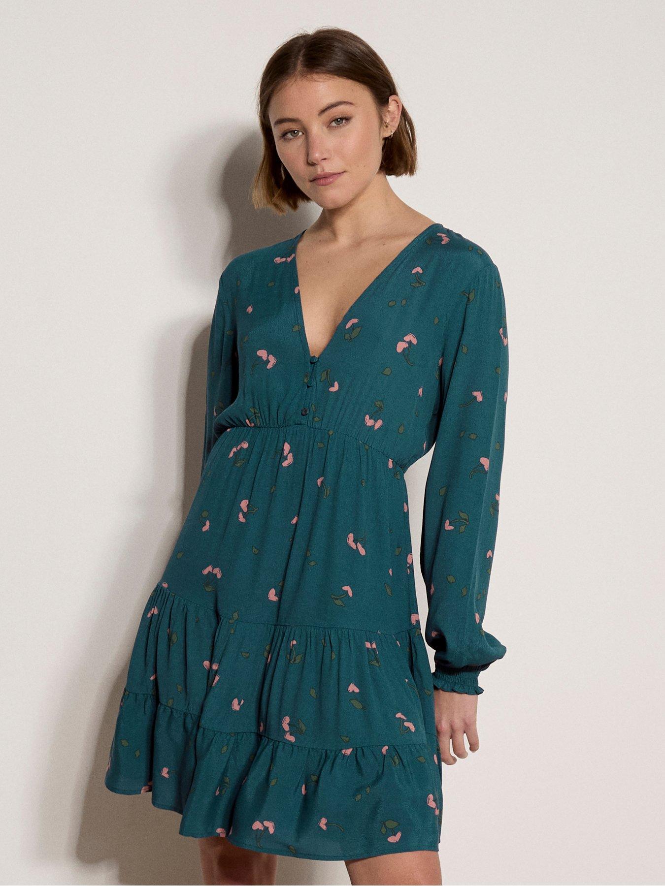 Apricot Cherry Hearts V-Neck Button Dress - Green