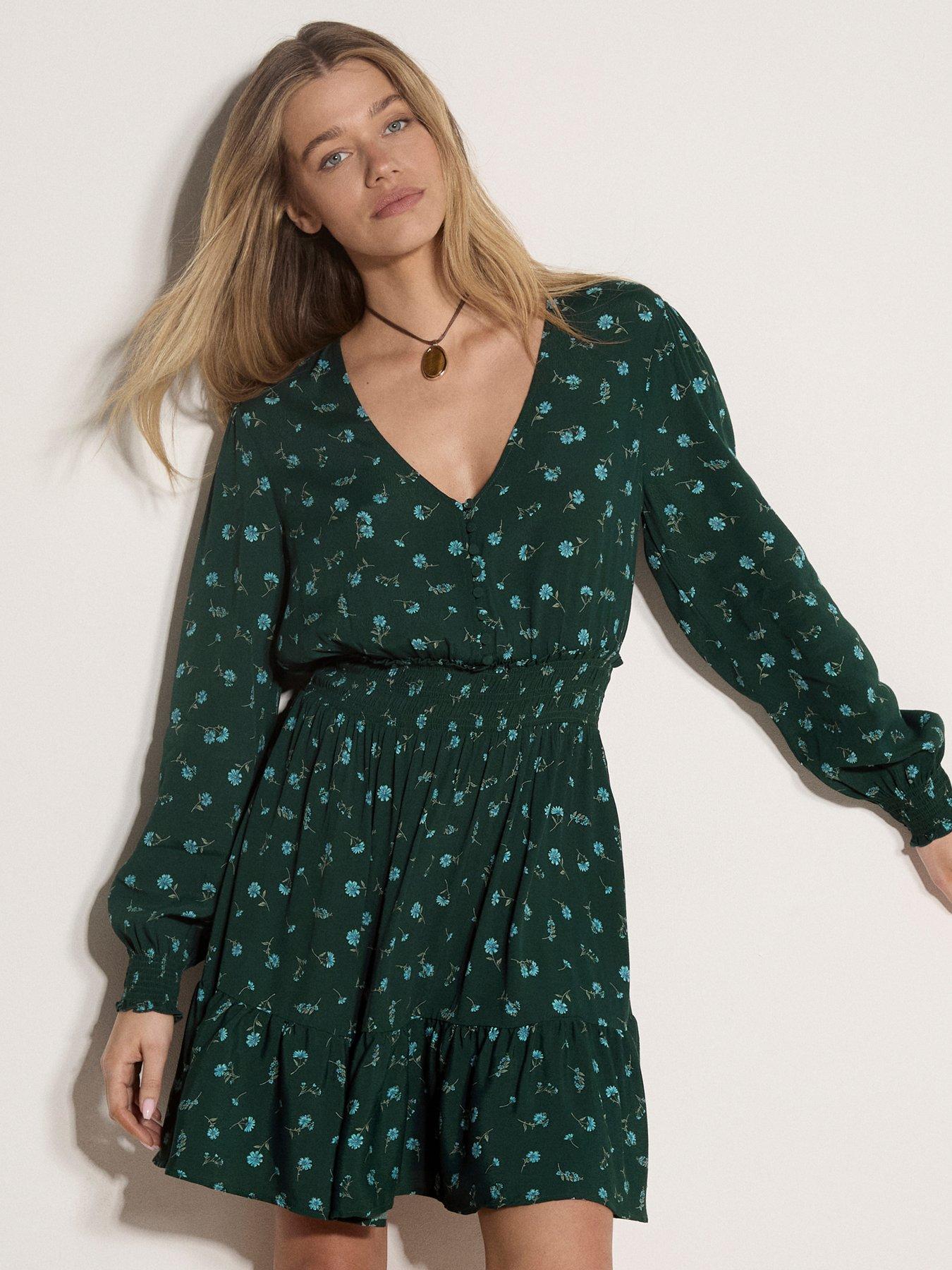 Apricot Vintage Floral Ruffle Neck Mini Dress - Green