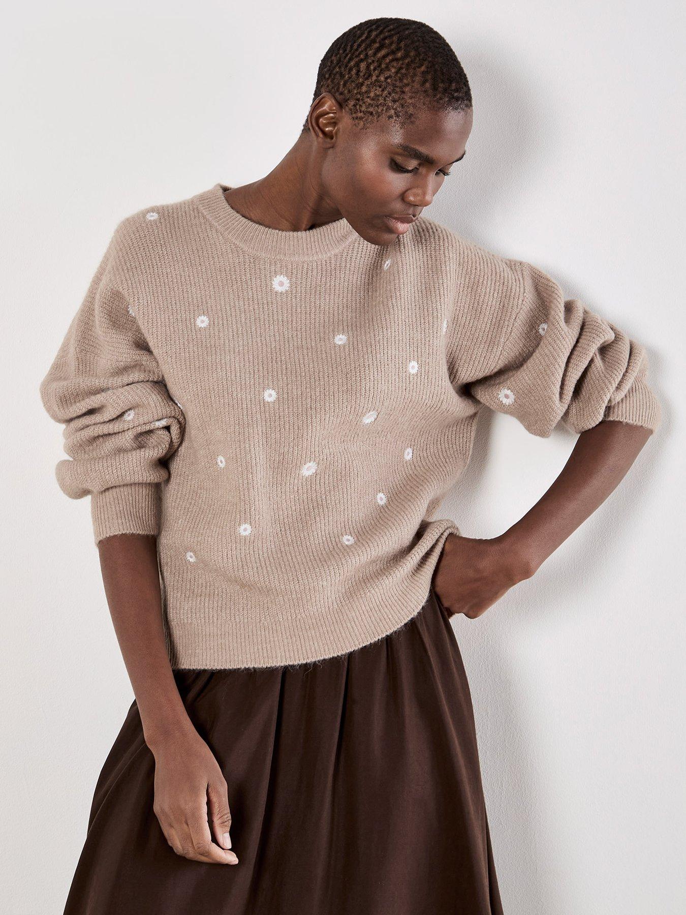 Apricot Daisy Embroidered Ribbed Jumper - Beige