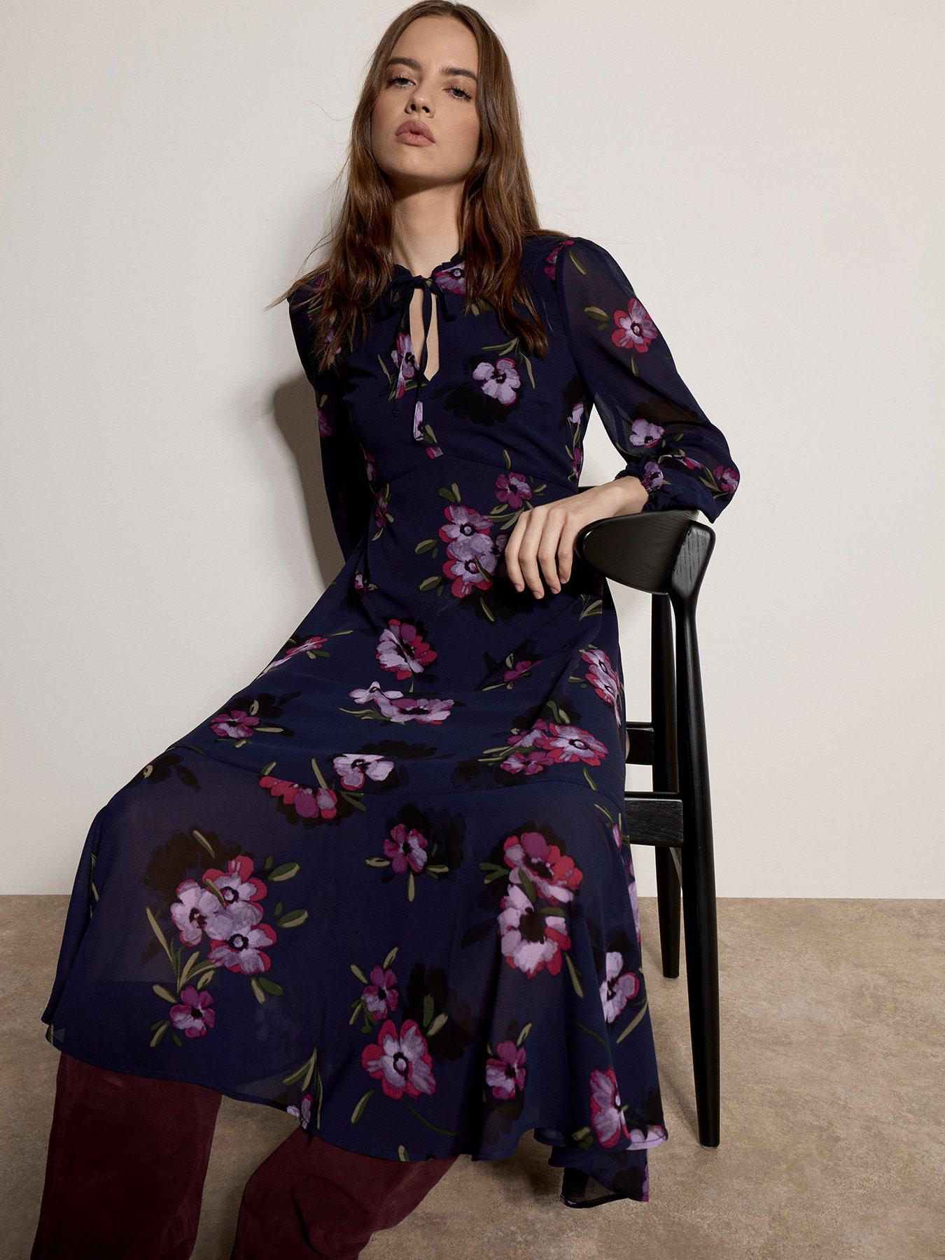 Image 1 of 5 of Apricot Womens Camellia Bunches Tie Up Tea Dress - Navy
