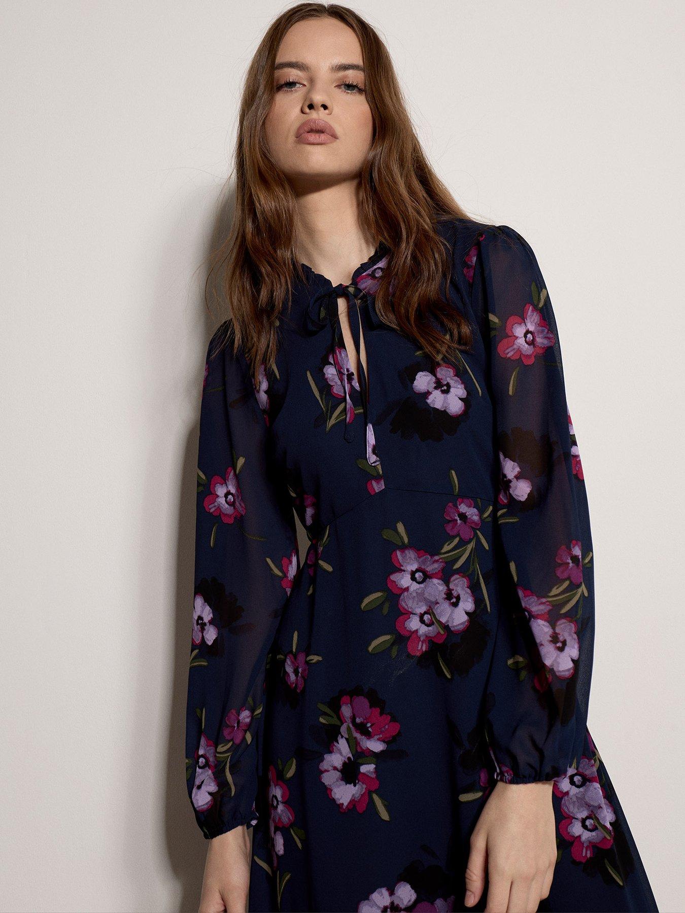 Image 4 of 5 of Apricot Womens Camellia Bunches Tie Up Tea Dress - Navy