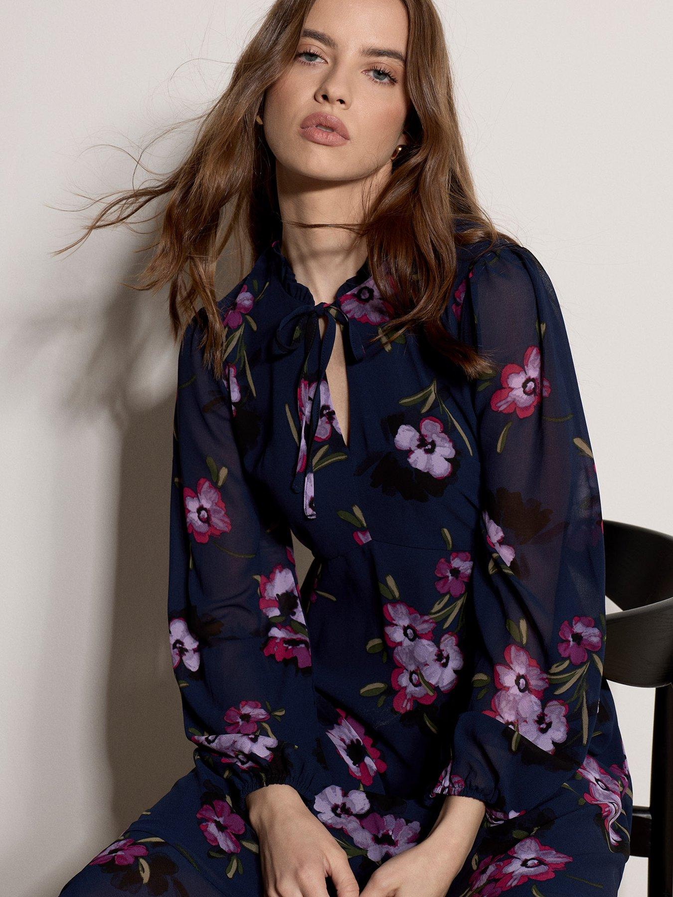 Image 5 of 5 of Apricot Womens Camellia Bunches Tie Up Tea Dress - Navy