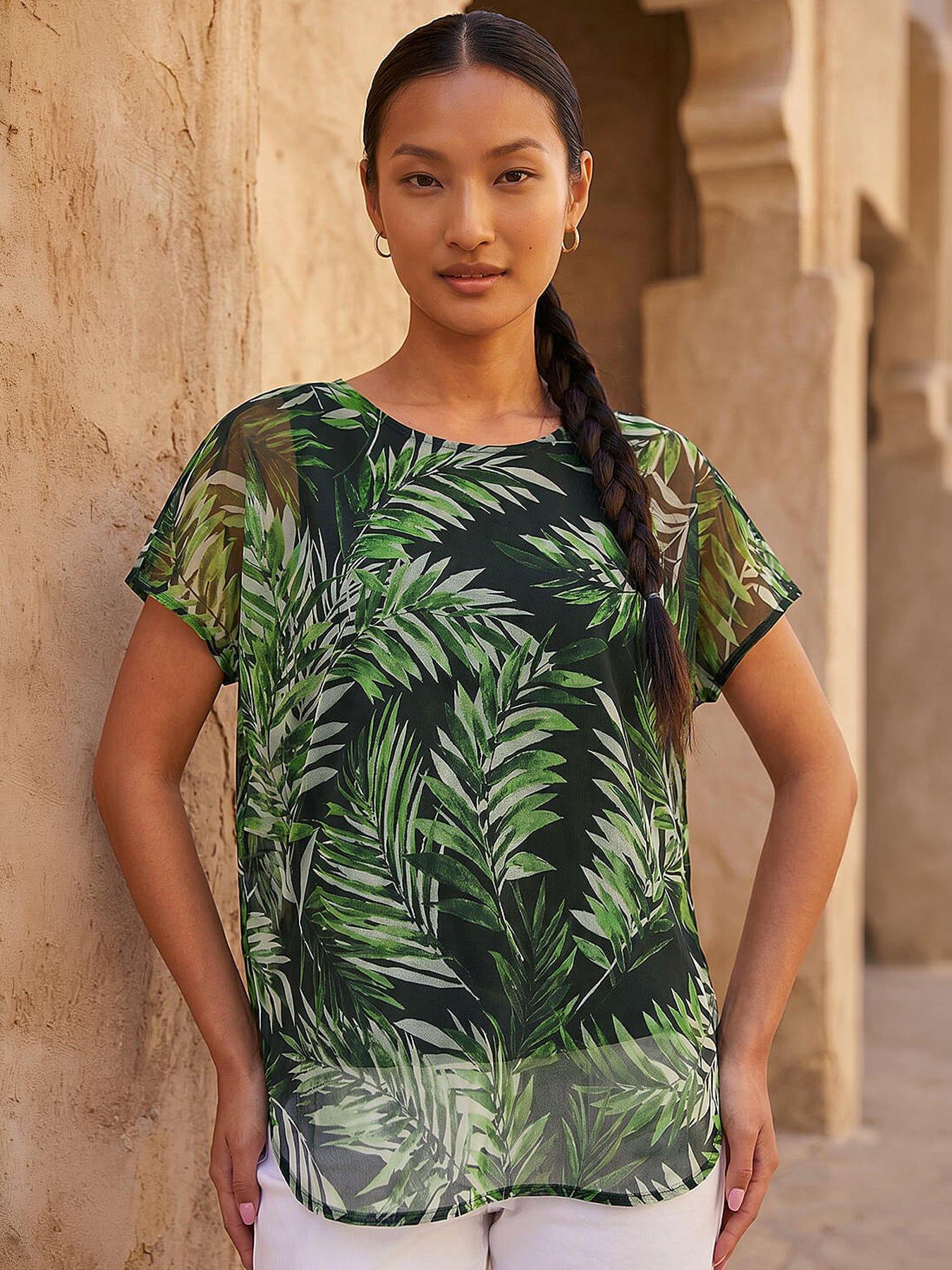 Roman Palm Print Mesh Overlay Top, Green, Size 12, Women