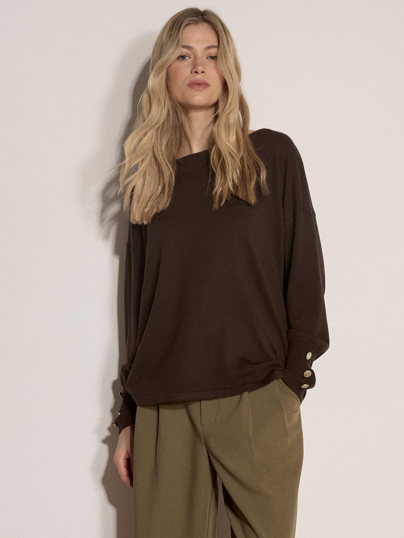 Image 1 of 4 of Apricot Womens Slash Neck Gold Button Jumper - Brown