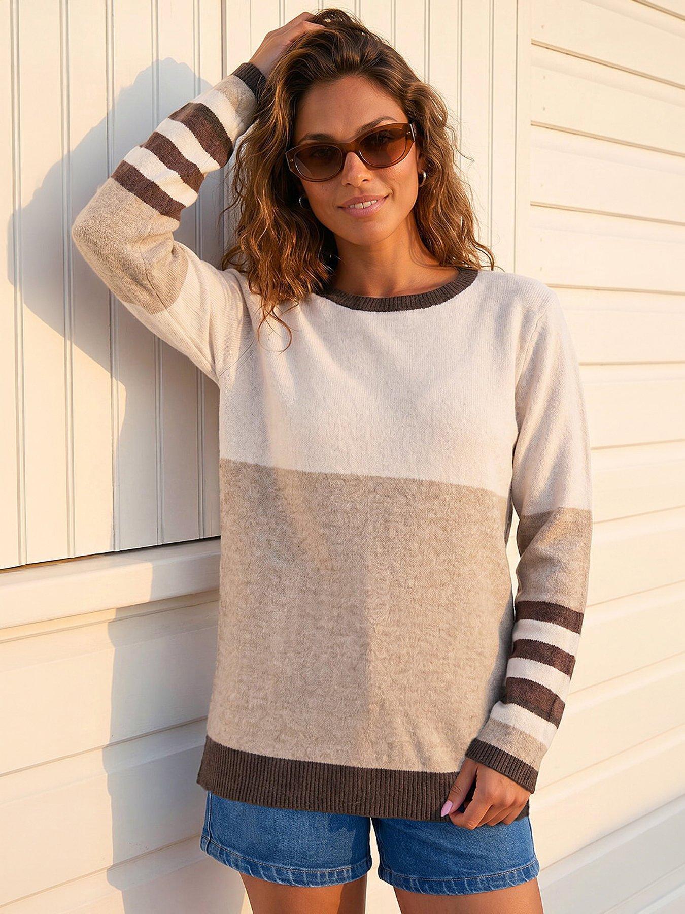 Roman Colour Block Stripe Jumper, Cream, Size 14, Women