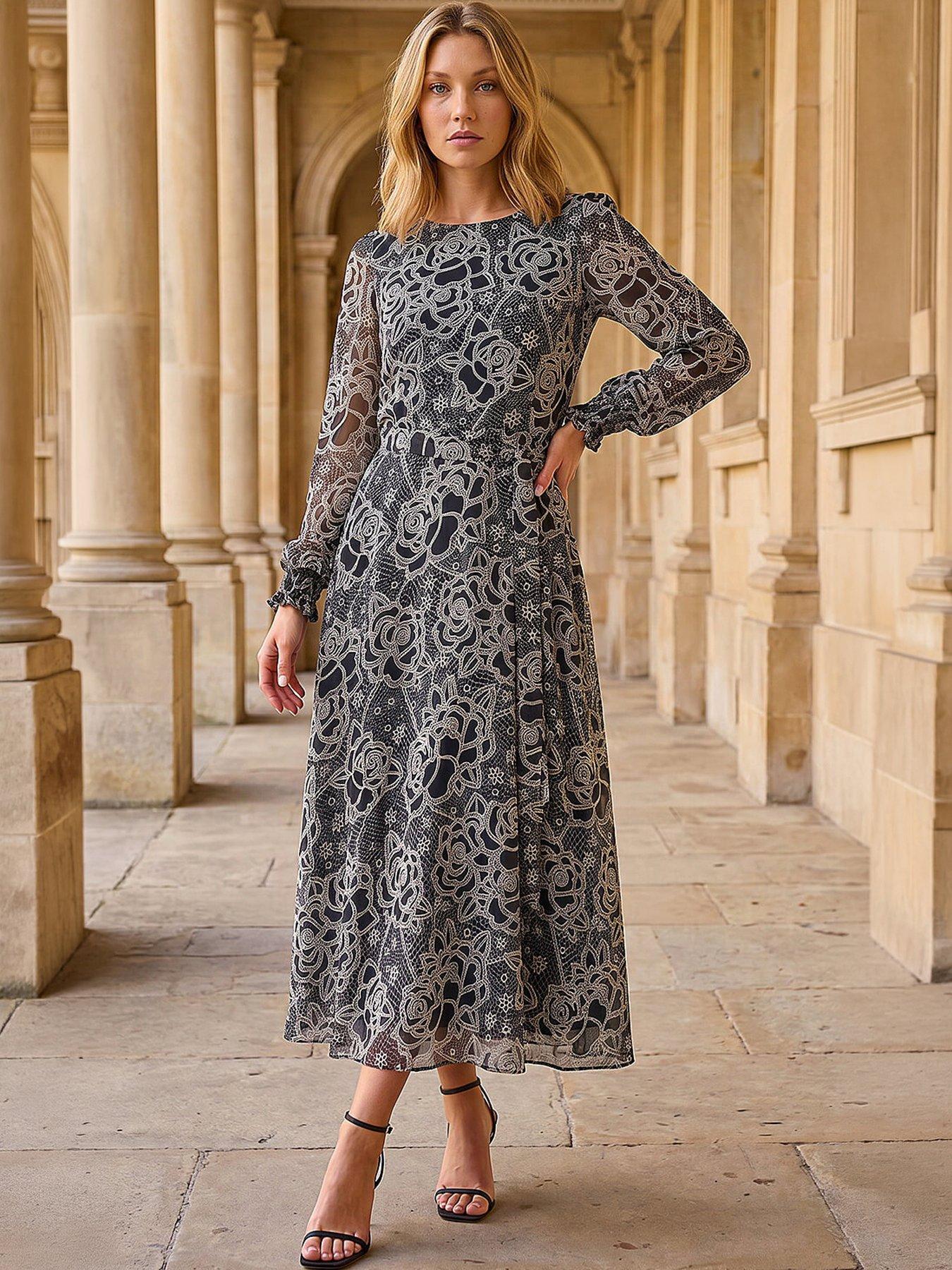 Roman Floral Rose Midi Dress, Black, Size 18, Women