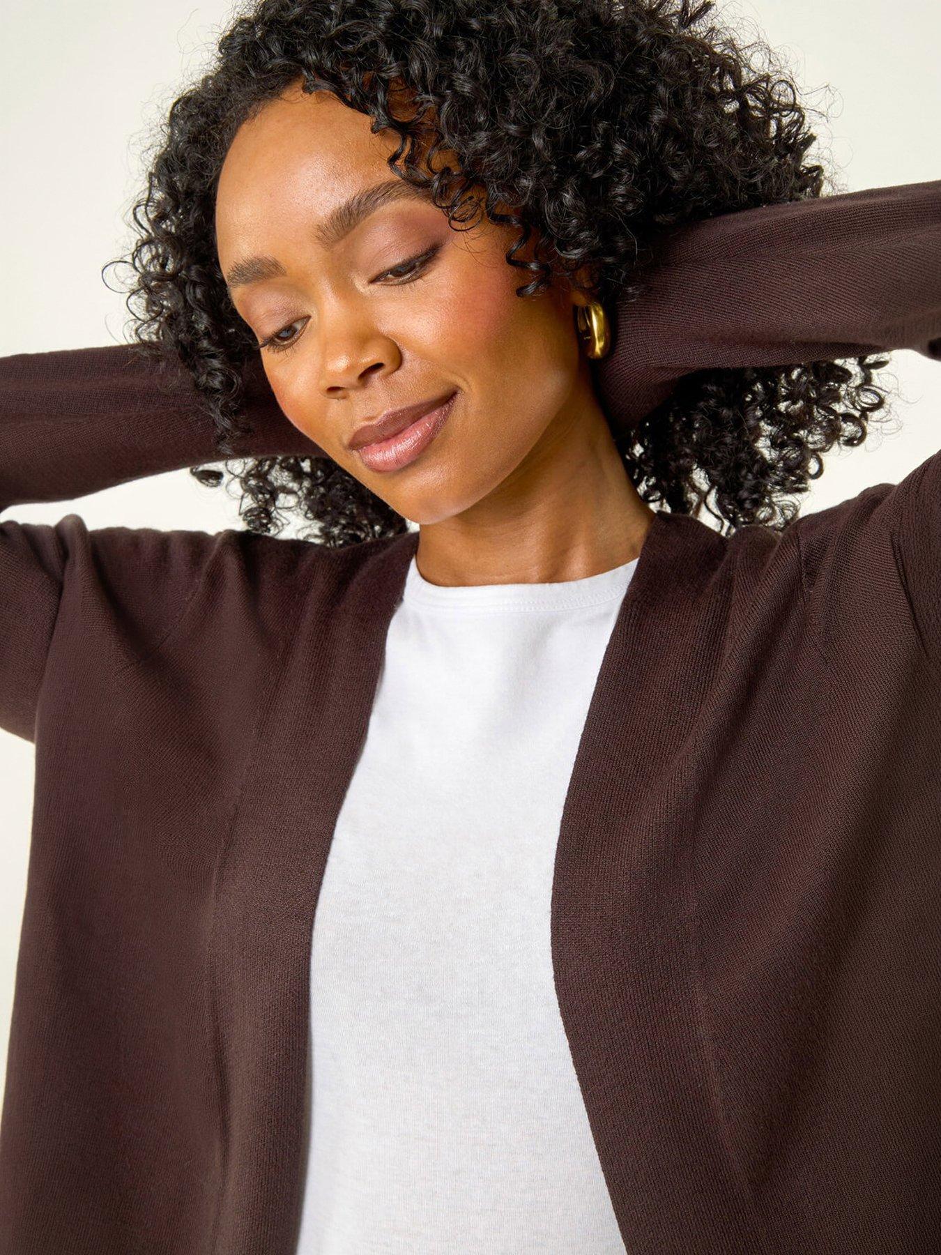 Roman Petite Plain Stretch Cardigan, Brown, Size 18, Women