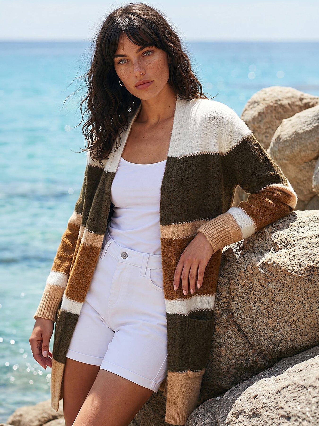 Roman Colour Block Longline Knit Cardigan, Green, Size 14, Women