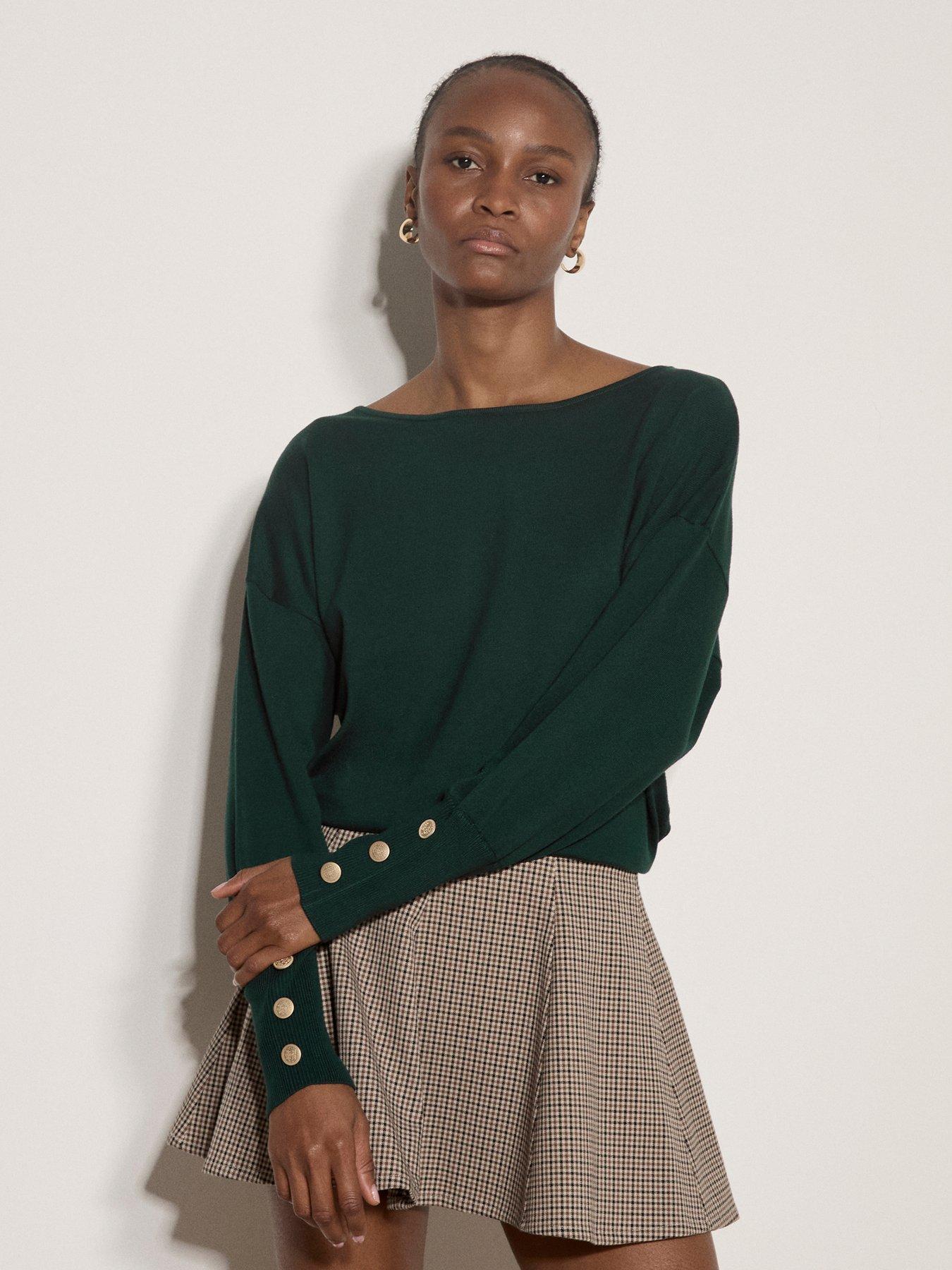 Image 1 of 4 of Apricot Womens Slash Neck Gold Button Cuff Jumper - Green