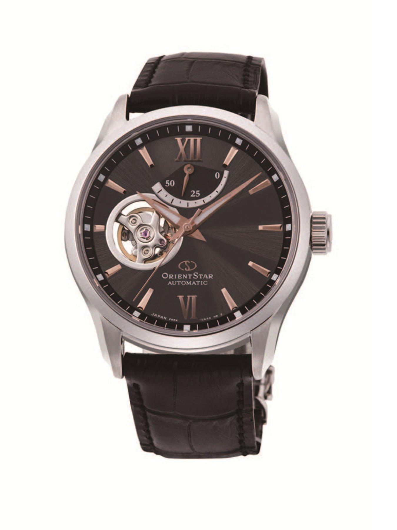 Orient Contemporary semi skeleton black dial black leather
