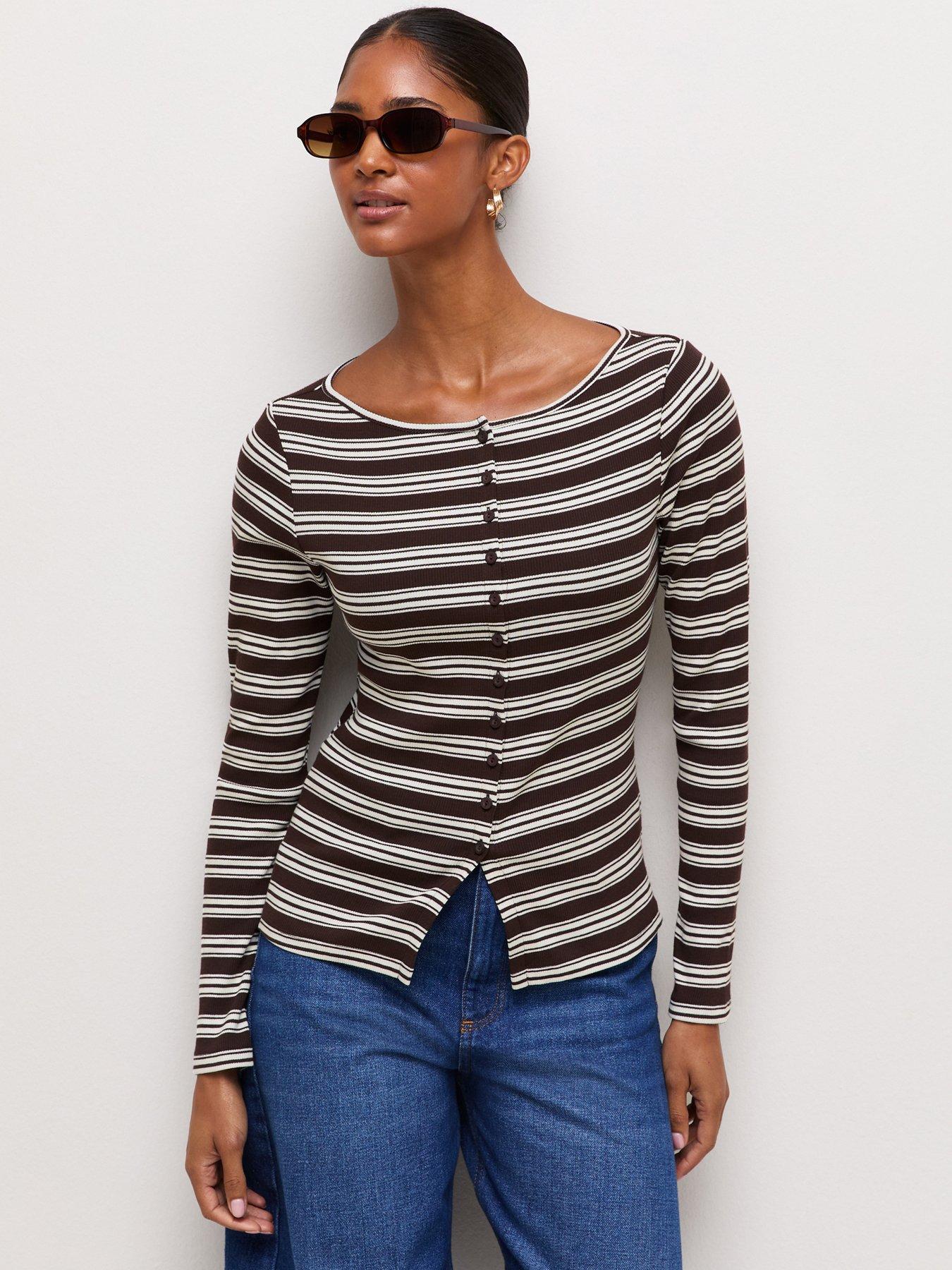Image 1 of 5 of New Look Striped Ribbed Long Sleeve Button Front Top - Brown