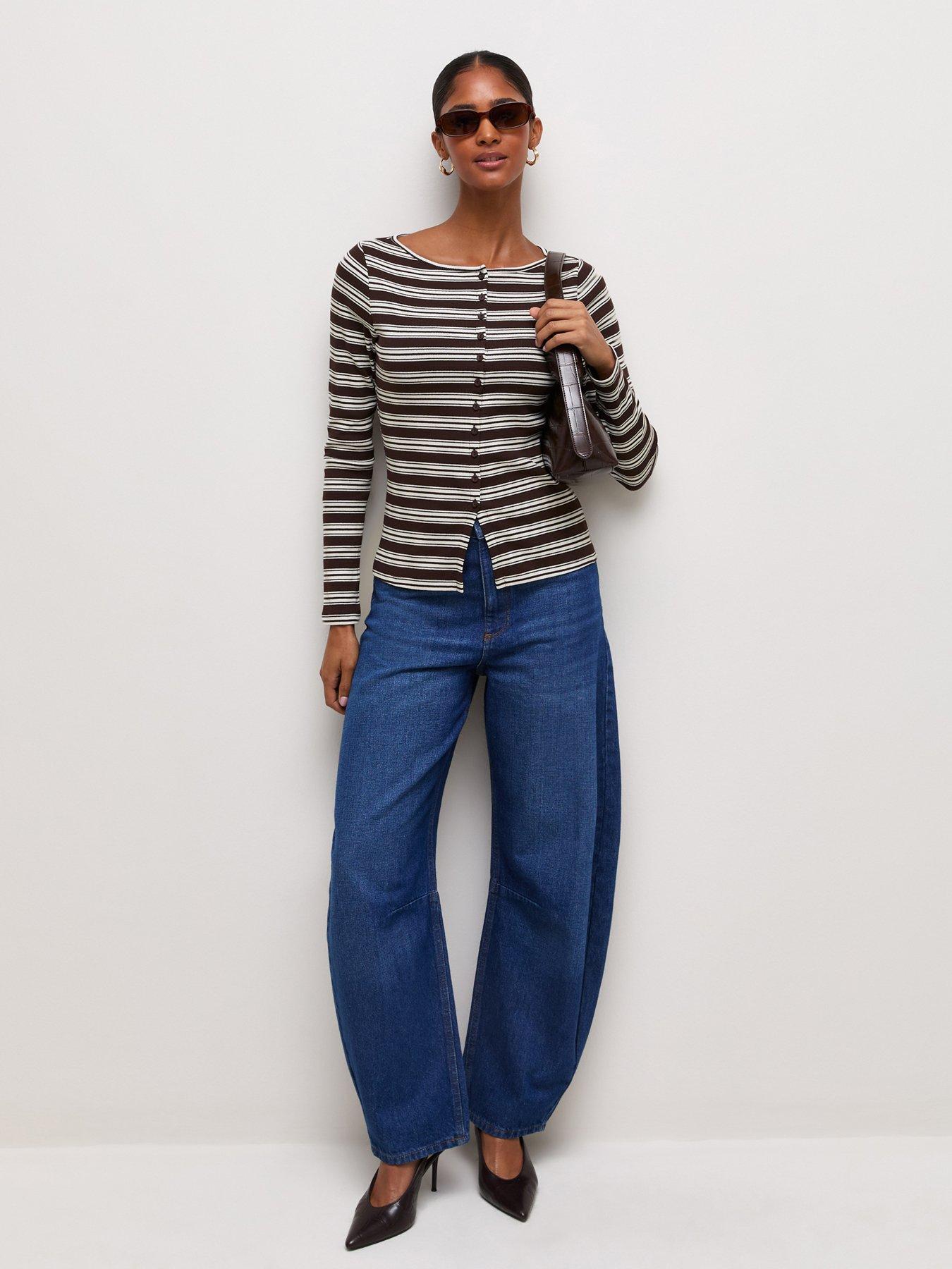 Image 3 of 5 of New Look Striped Ribbed Long Sleeve Button Front Top - Brown