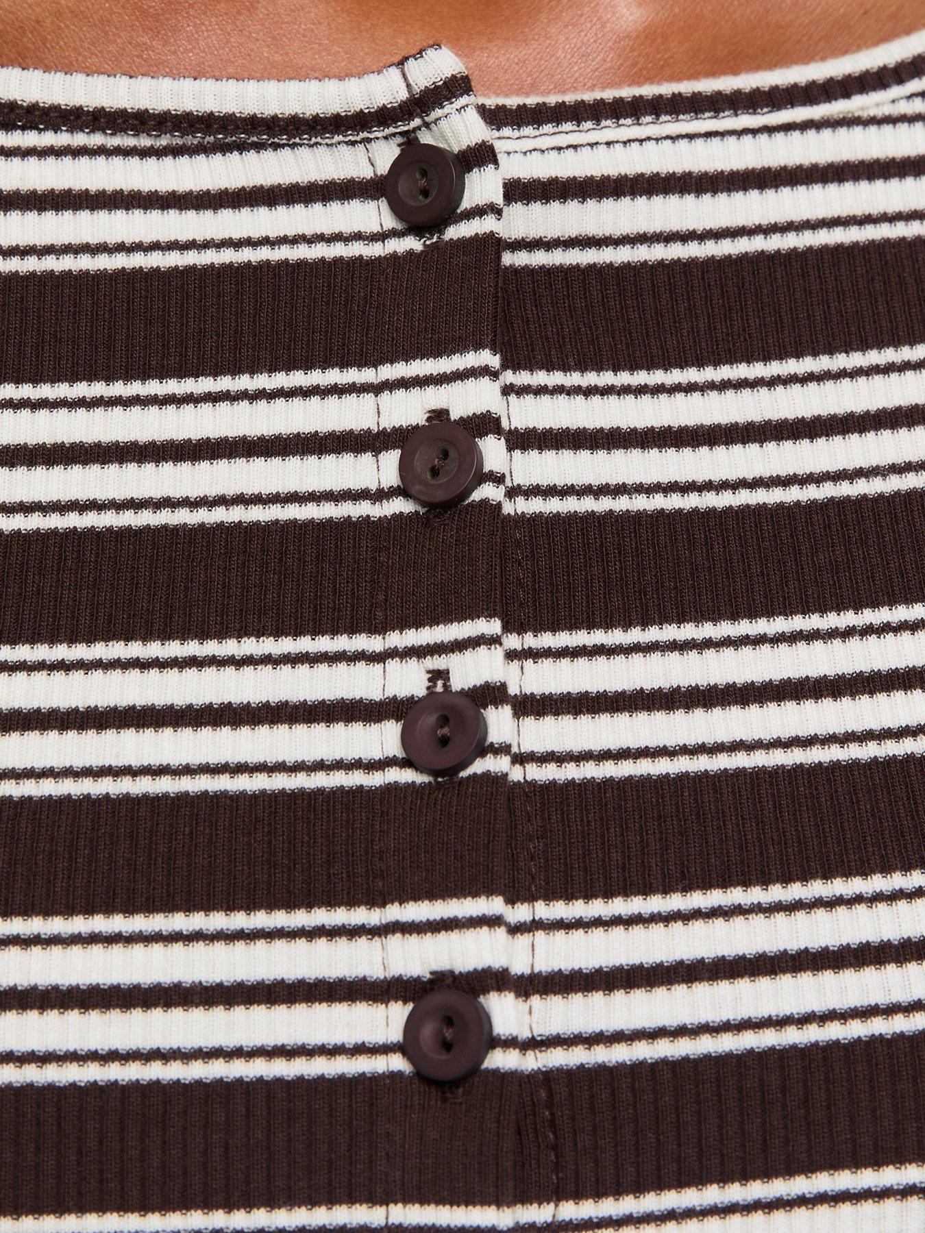 Image 5 of 5 of New Look Striped Ribbed Long Sleeve Button Front Top - Brown