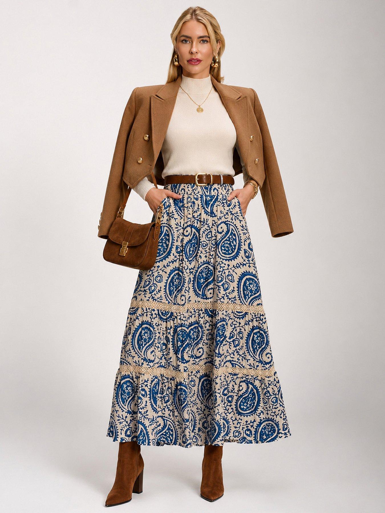 Jolie Moi Lace Trim Tiered Maxi Skirt - Blue