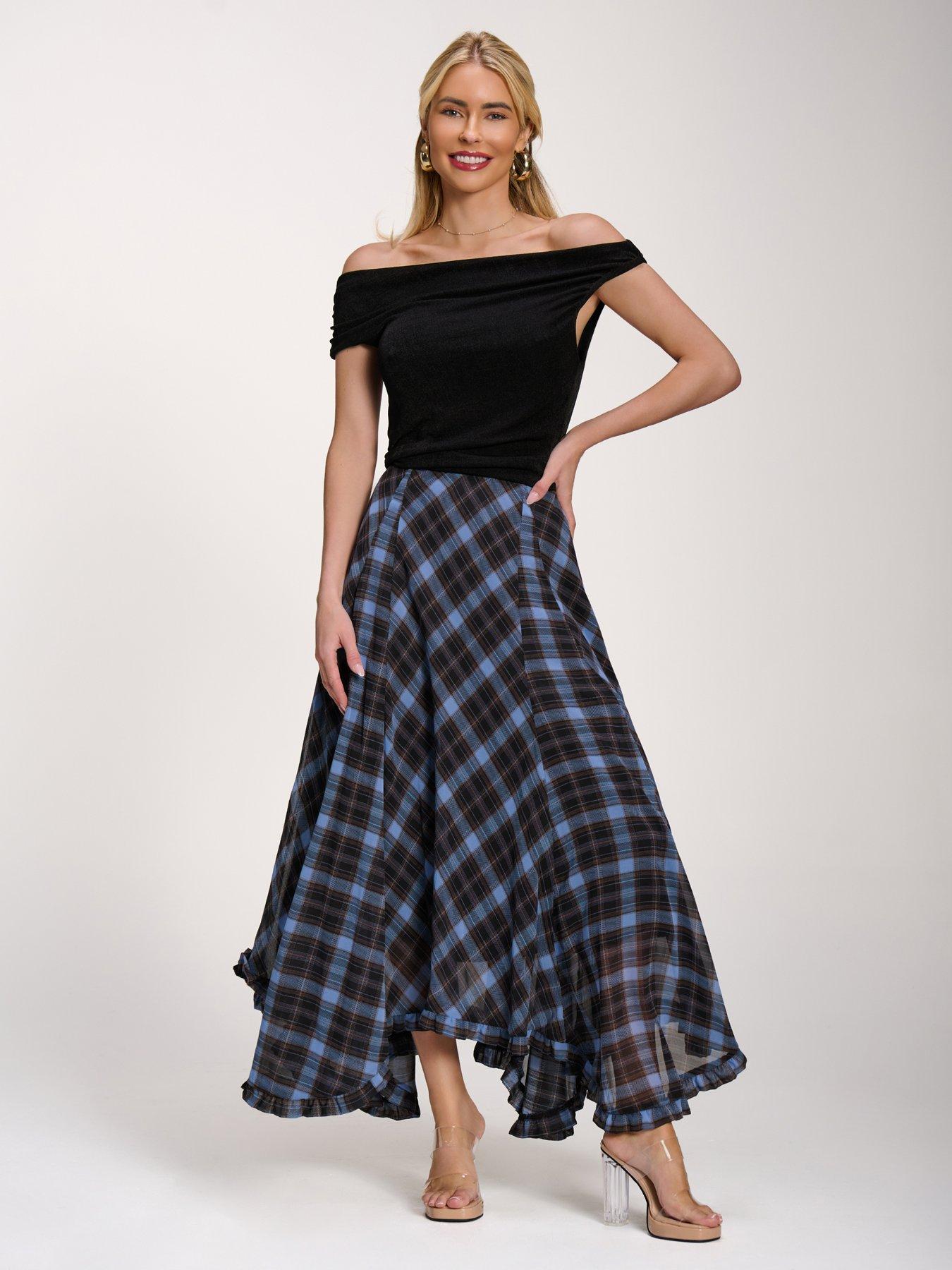 Jolie Moi Checked Chiffon Hanky Hem Maxi Skirt