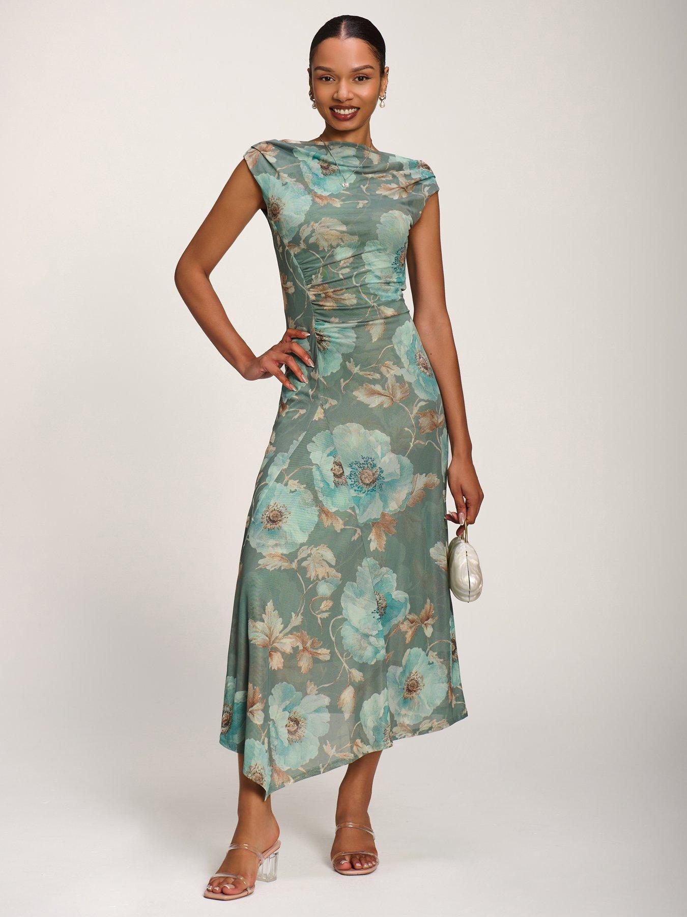 Jolie Moi Asymmetric Draped Mesh Midaxi Dress