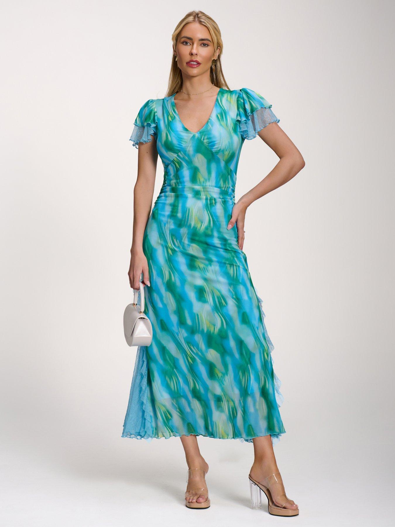 Image 1 of 7 of Jolie Moi Lace Insert Mesh Midi Dress - Blue