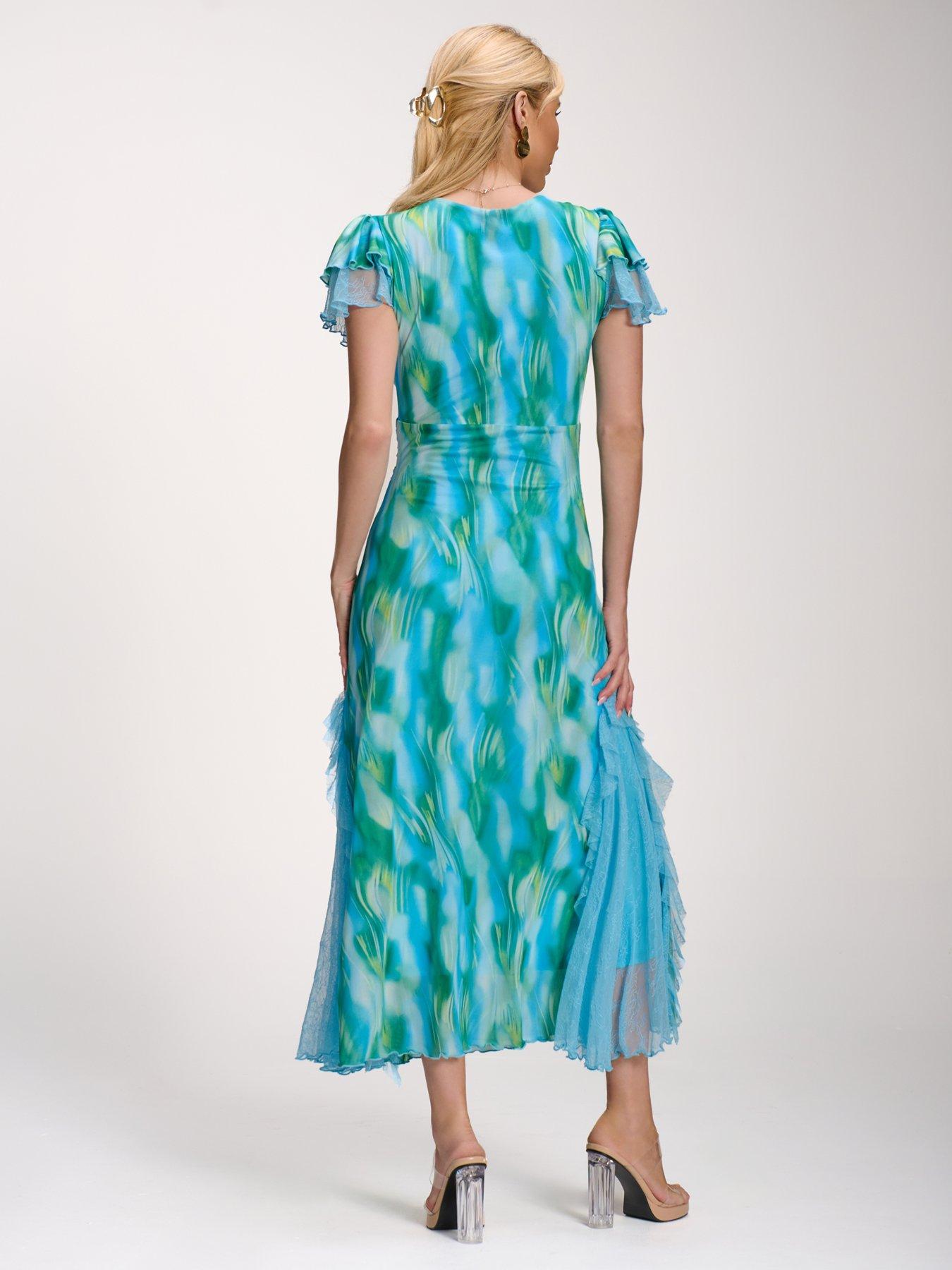 Image 2 of 7 of Jolie Moi Lace Insert Mesh Midi Dress - Blue