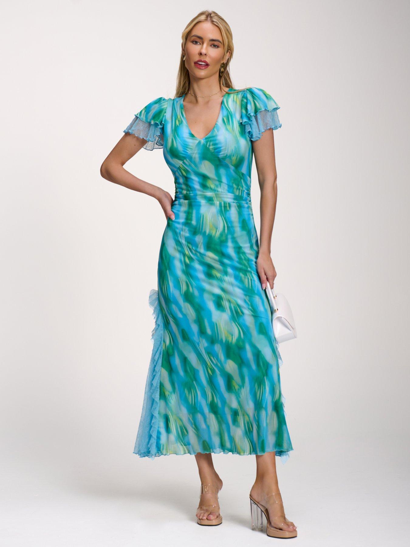 Image 5 of 7 of Jolie Moi Lace Insert Mesh Midi Dress - Blue