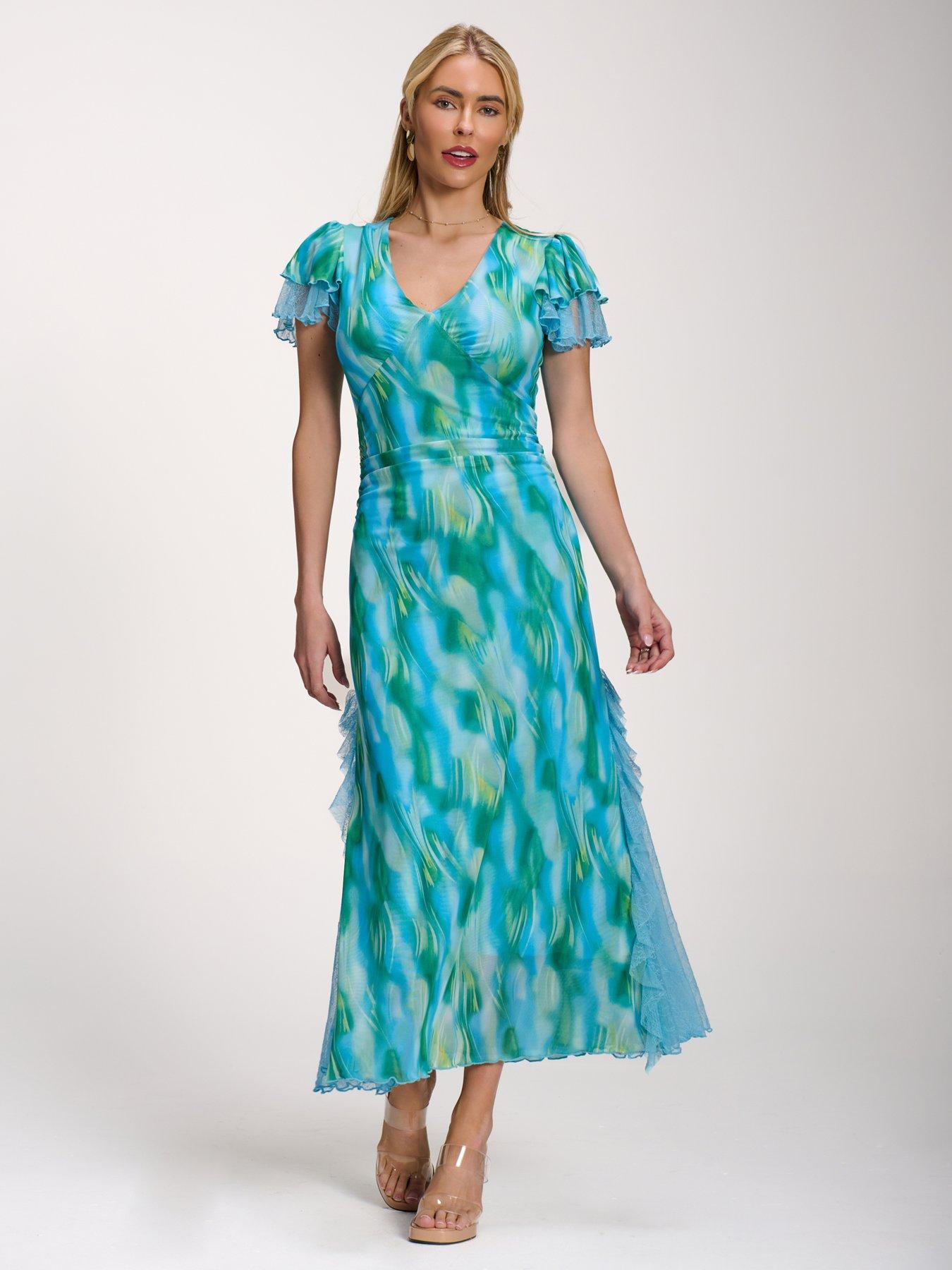 Image 6 of 7 of Jolie Moi Lace Insert Mesh Midi Dress - Blue