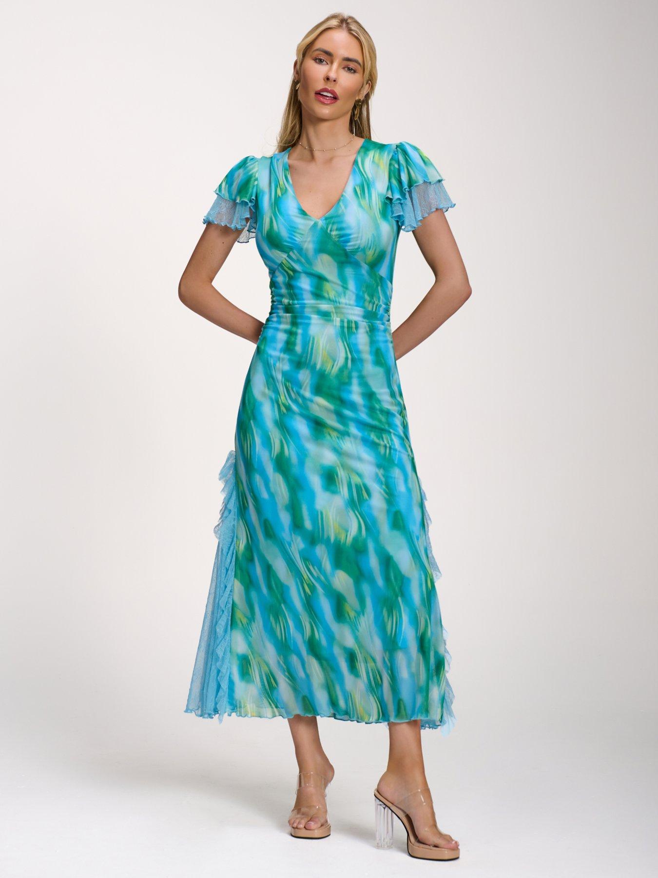 Image 7 of 7 of Jolie Moi Lace Insert Mesh Midi Dress - Blue