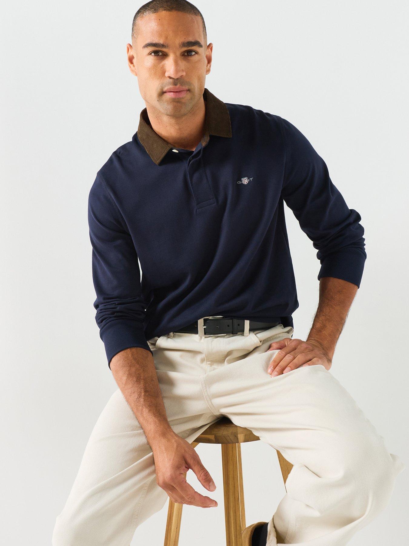 Image 1 of 6 of GANT Mens Cord Collar Long Sleeve Rugger Polo Shirt - Navy