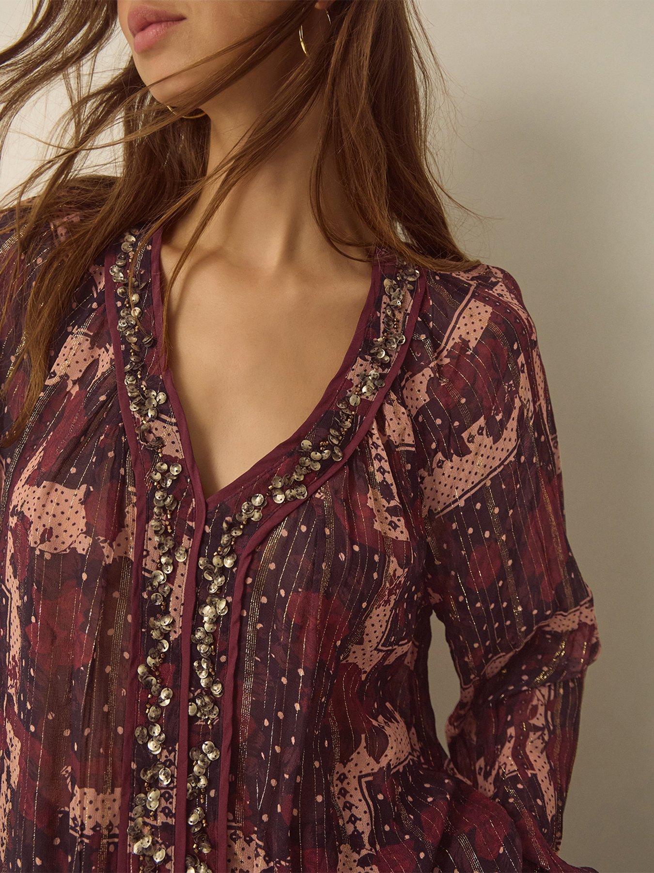 Image 2 of 4 of Monsoon Womens Poppy Beaded V-Neck Lurex Blouse - Red