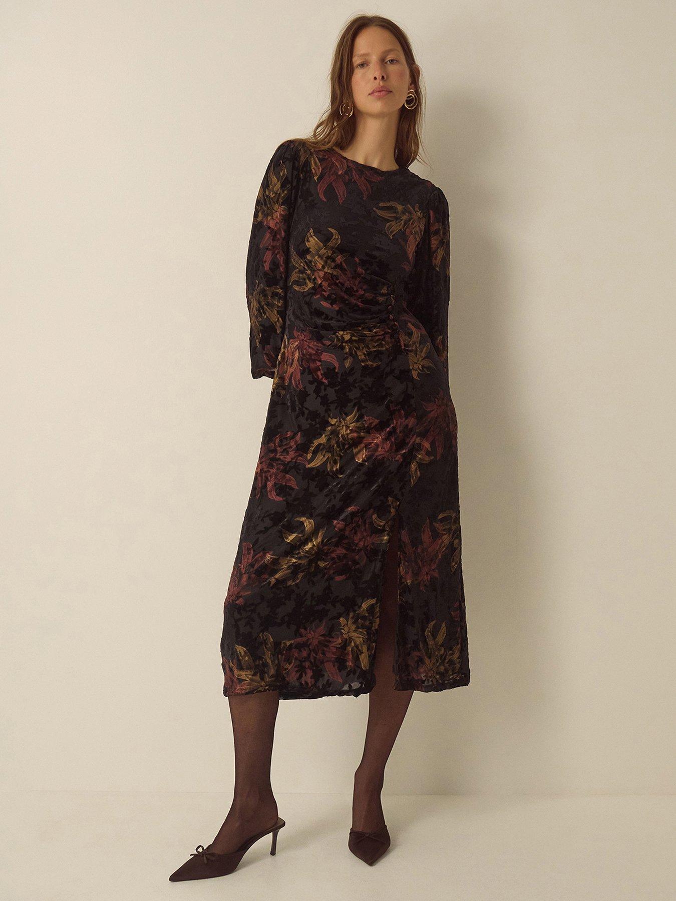Image 1 of 4 of Monsoon Womens Dora Devore Ruched Waist Fluted Sleeve Dress - Black