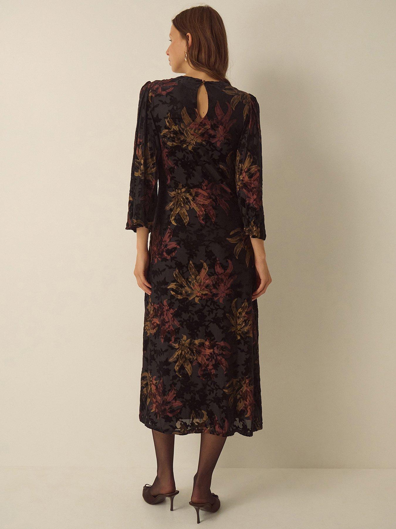 Image 3 of 4 of Monsoon Womens Dora Devore Ruched Waist Fluted Sleeve Dress - Black