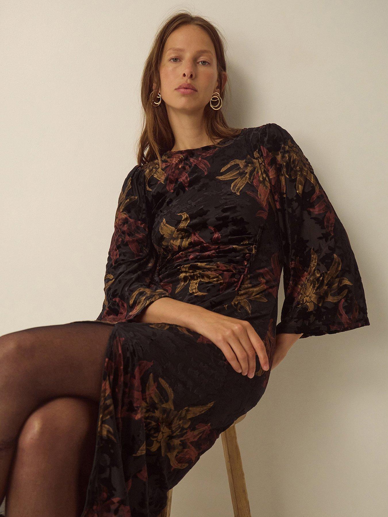 Image 4 of 4 of Monsoon Womens Dora Devore Ruched Waist Fluted Sleeve Dress - Black