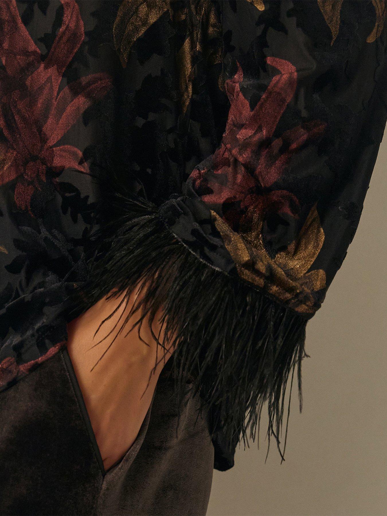 Image 2 of 5 of Monsoon Womens Dora Devore Feather Cuff Floral Shirt - Black
