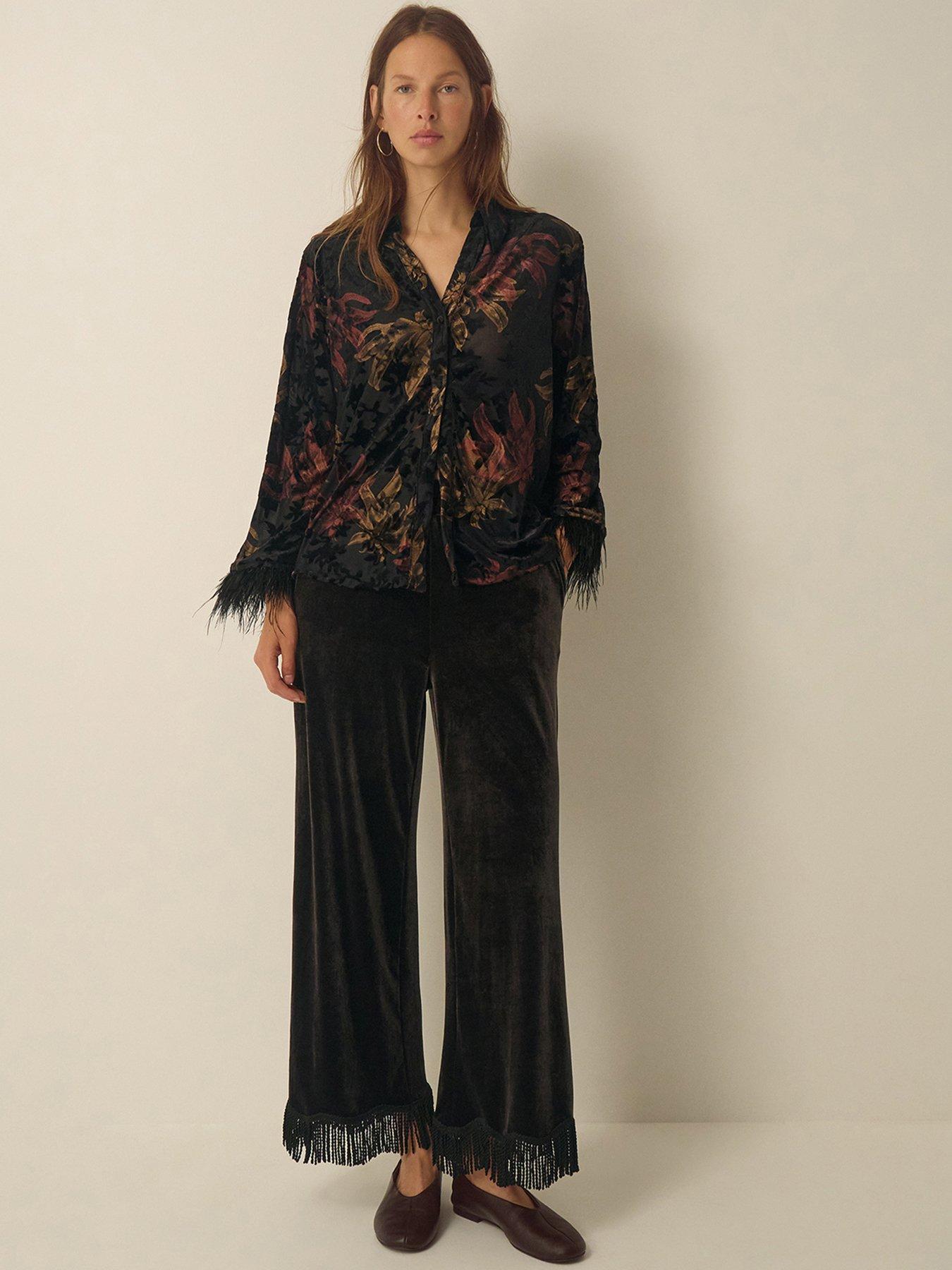 Image 5 of 5 of Monsoon Womens Dora Devore Feather Cuff Floral Shirt - Black