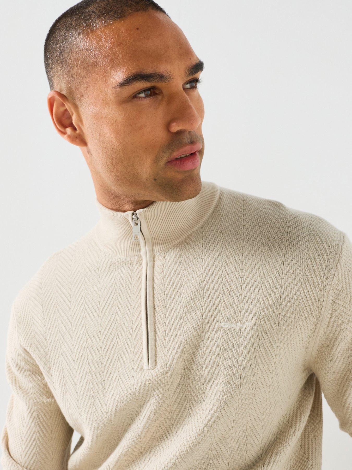 Image 4 of 5 of GANT Gant Herringbone Textured Half Zip Knitted Jumper - Beige