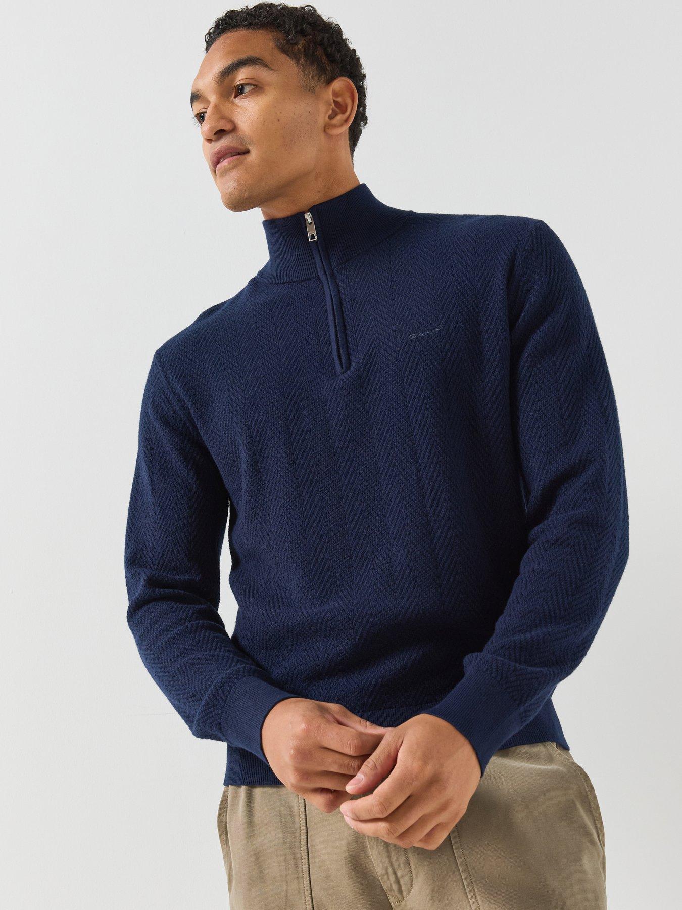Image 1 of 6 of GANT Gant Herringbone Textured Half Zip Knitted Jumper - Navy