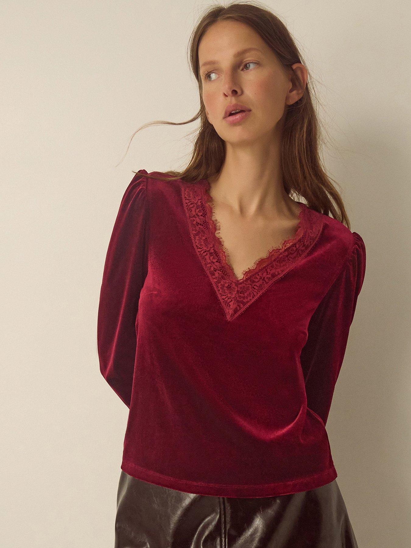 Image 1 of 5 of Monsoon Womens Lexi Lace Trim Velvet Blouse - Red