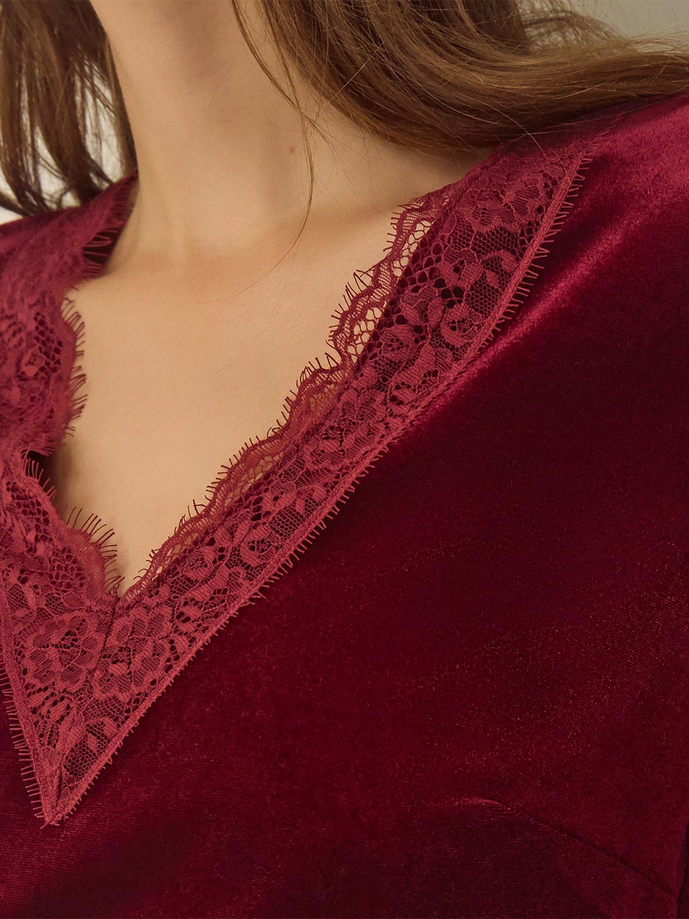 Image 2 of 5 of Monsoon Womens Lexi Lace Trim Velvet Blouse - Red