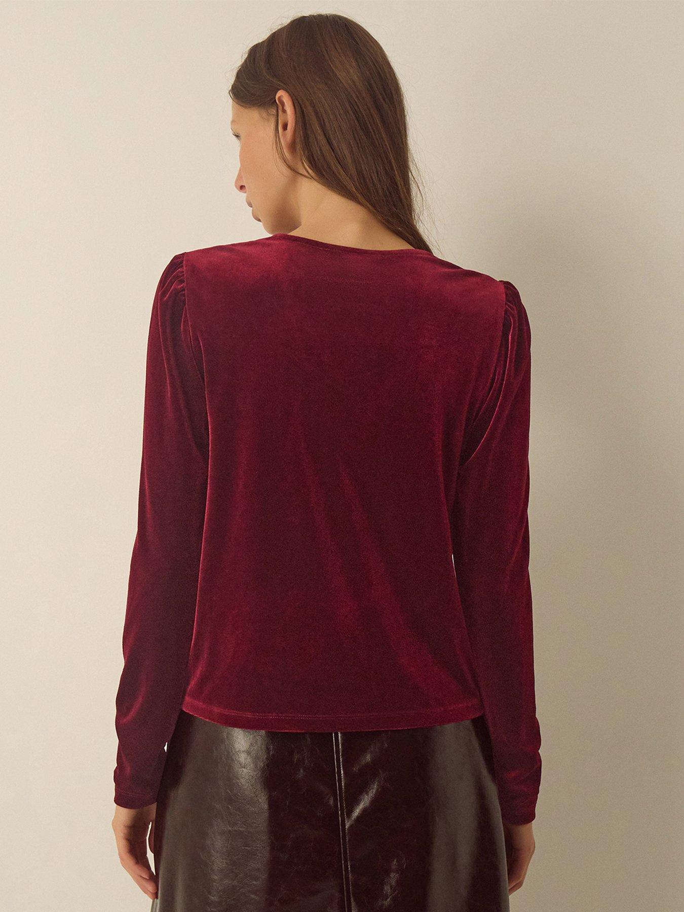 Image 3 of 5 of Monsoon Womens Lexi Lace Trim Velvet Blouse - Red