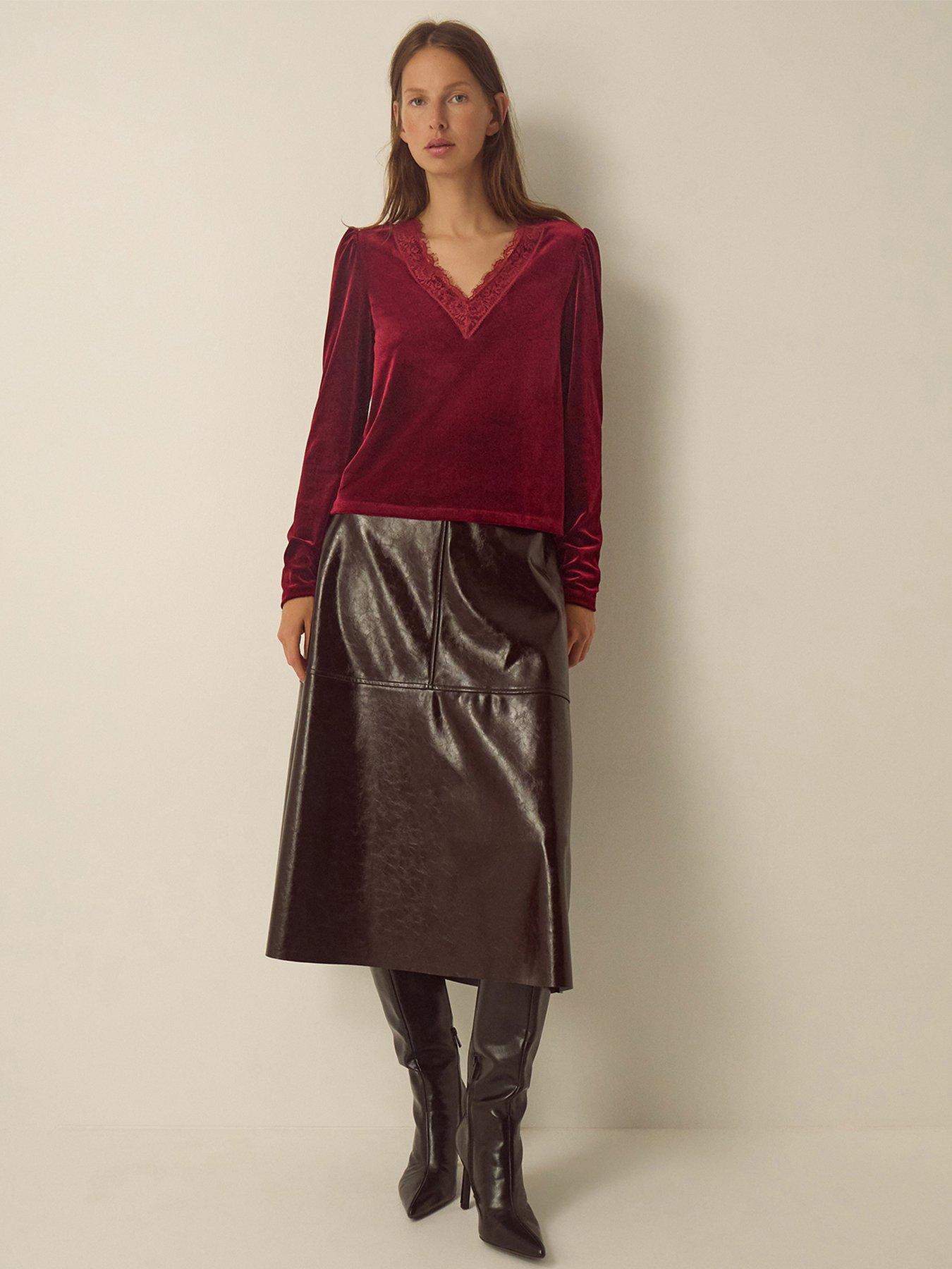 Image 4 of 5 of Monsoon Womens Lexi Lace Trim Velvet Blouse - Red