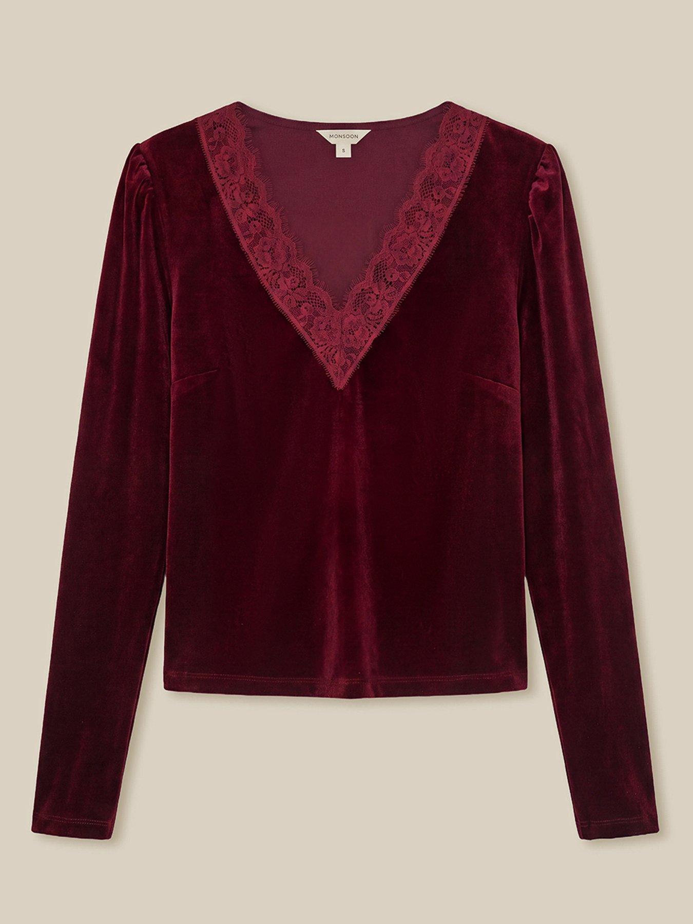 Image 5 of 5 of Monsoon Womens Lexi Lace Trim Velvet Blouse - Red