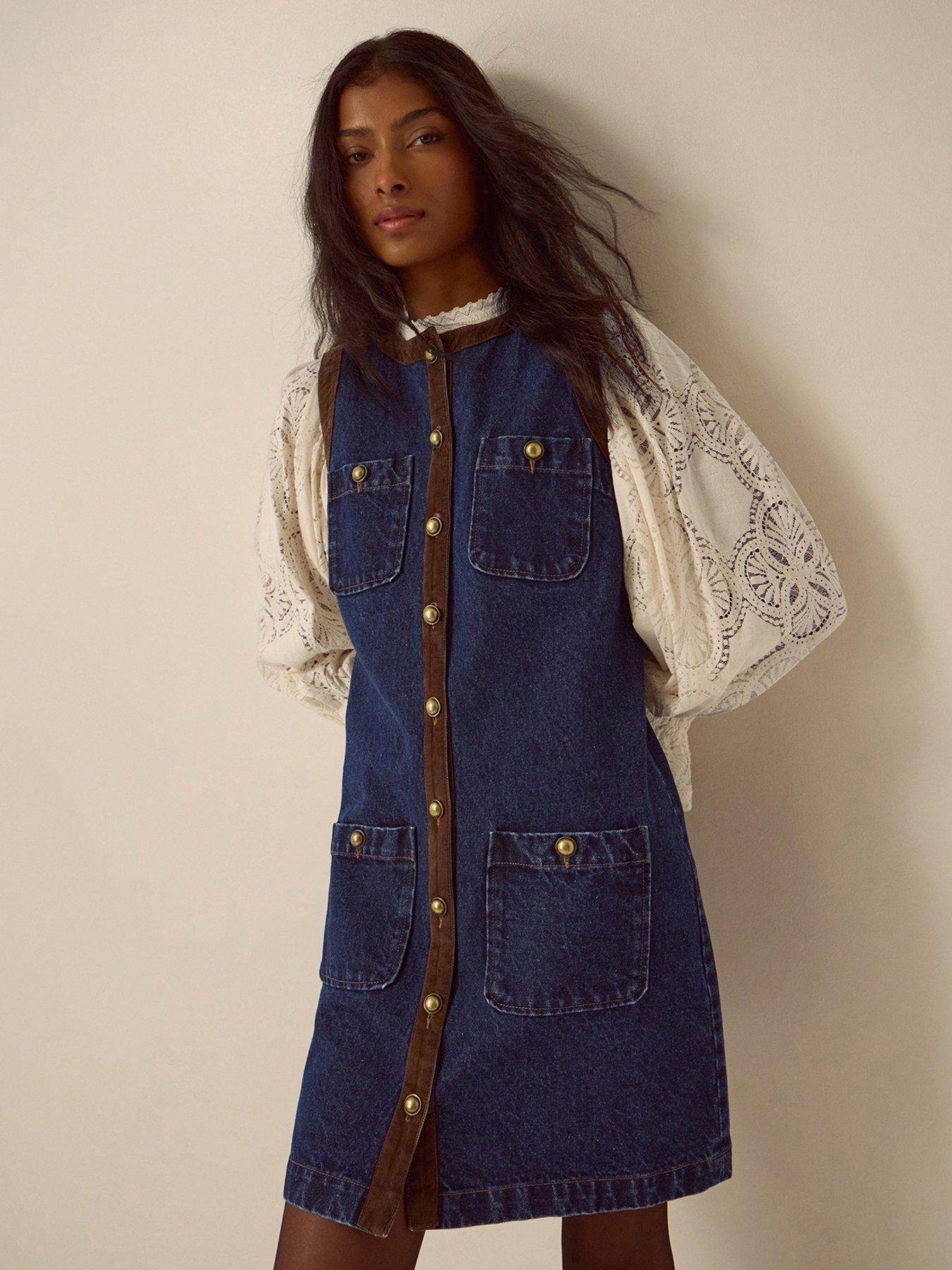 Monsoon Womens Hanna Pinafore Cord Trim Denim Dress - Blue