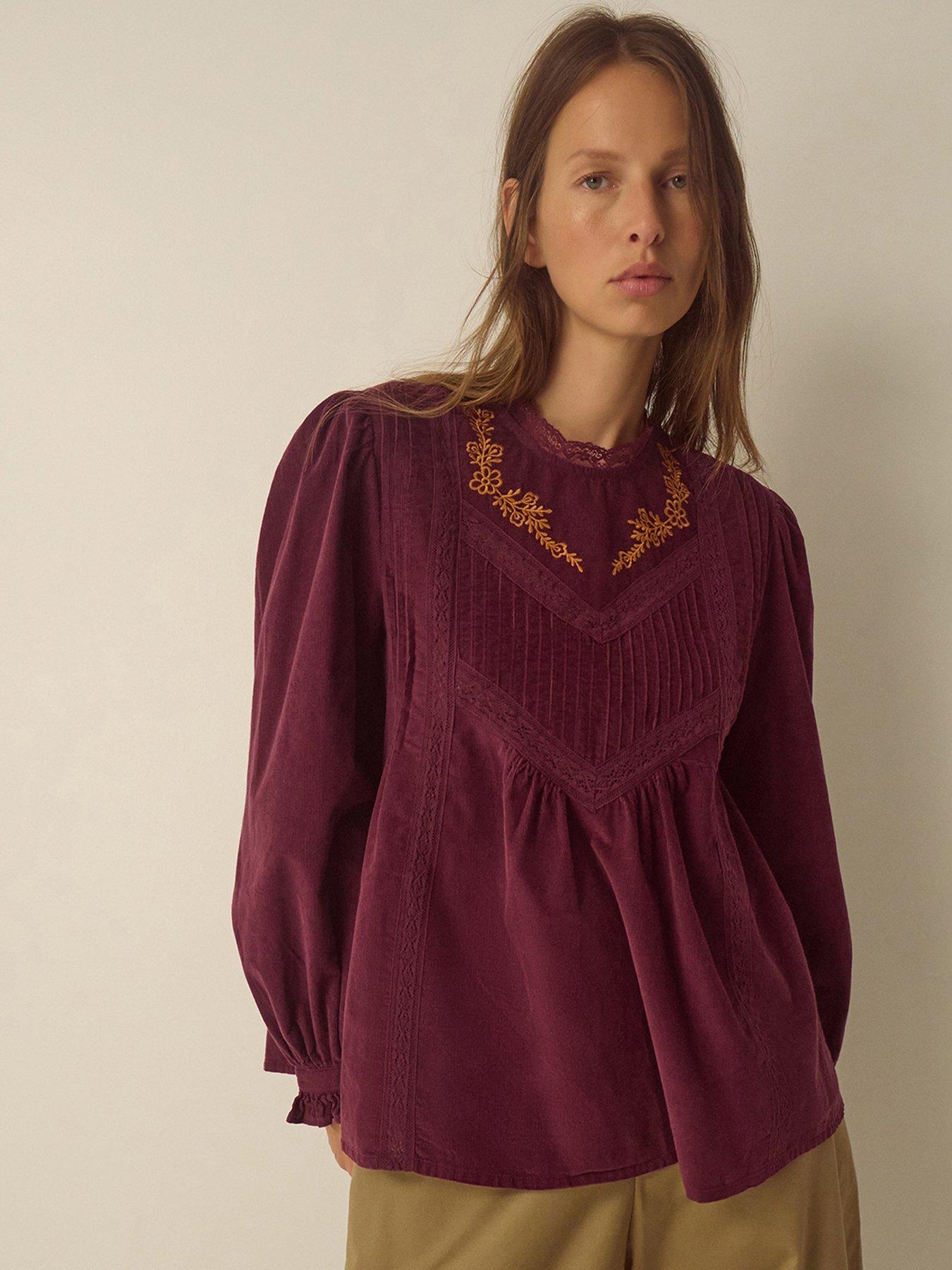 Image 1 of 4 of Monsoon Womens Tyra Embroidered Lace Trim Cord Blouse - Burgundy