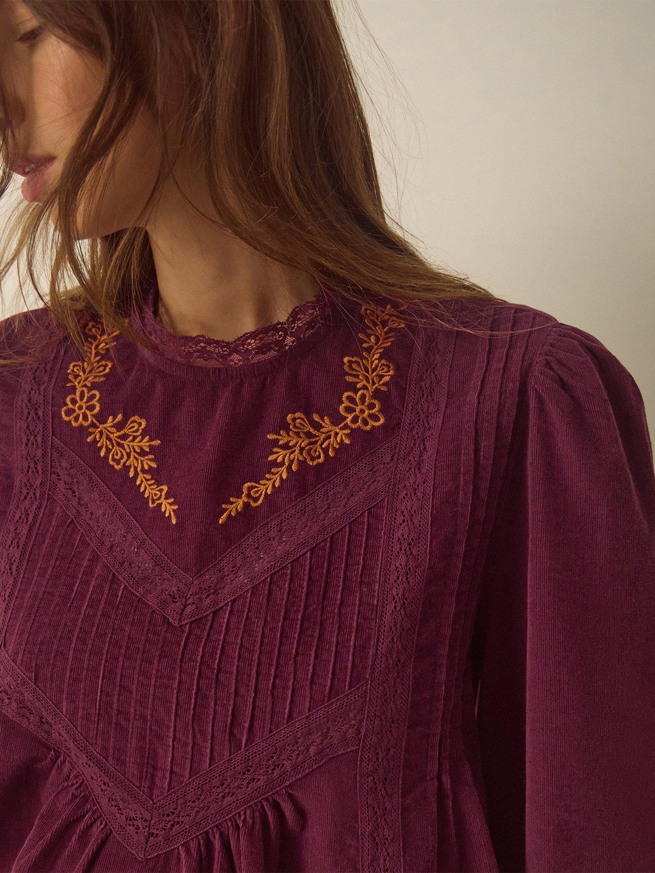 Image 2 of 4 of Monsoon Womens Tyra Embroidered Lace Trim Cord Blouse - Burgundy