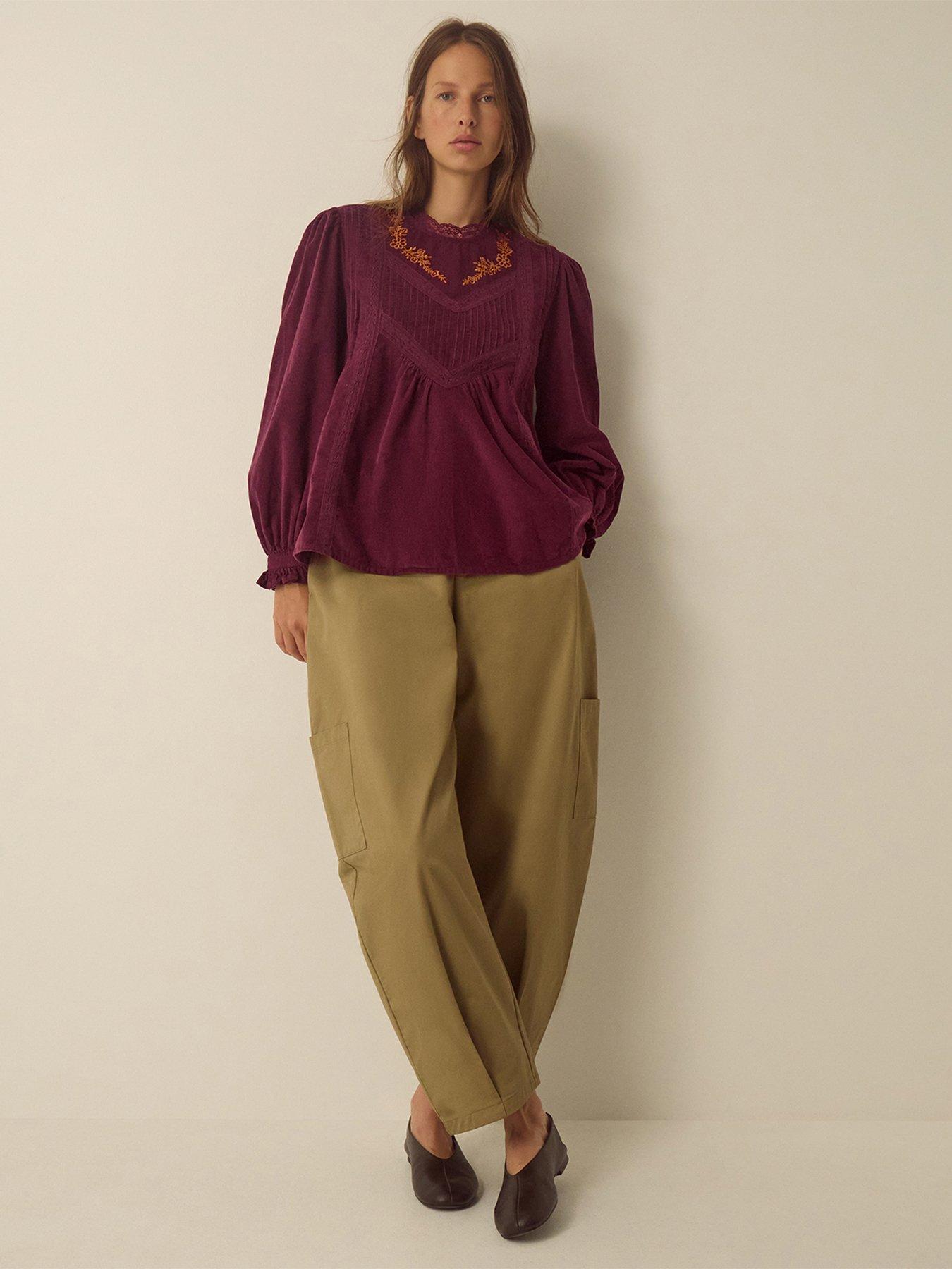 Image 4 of 4 of Monsoon Womens Tyra Embroidered Lace Trim Cord Blouse - Burgundy