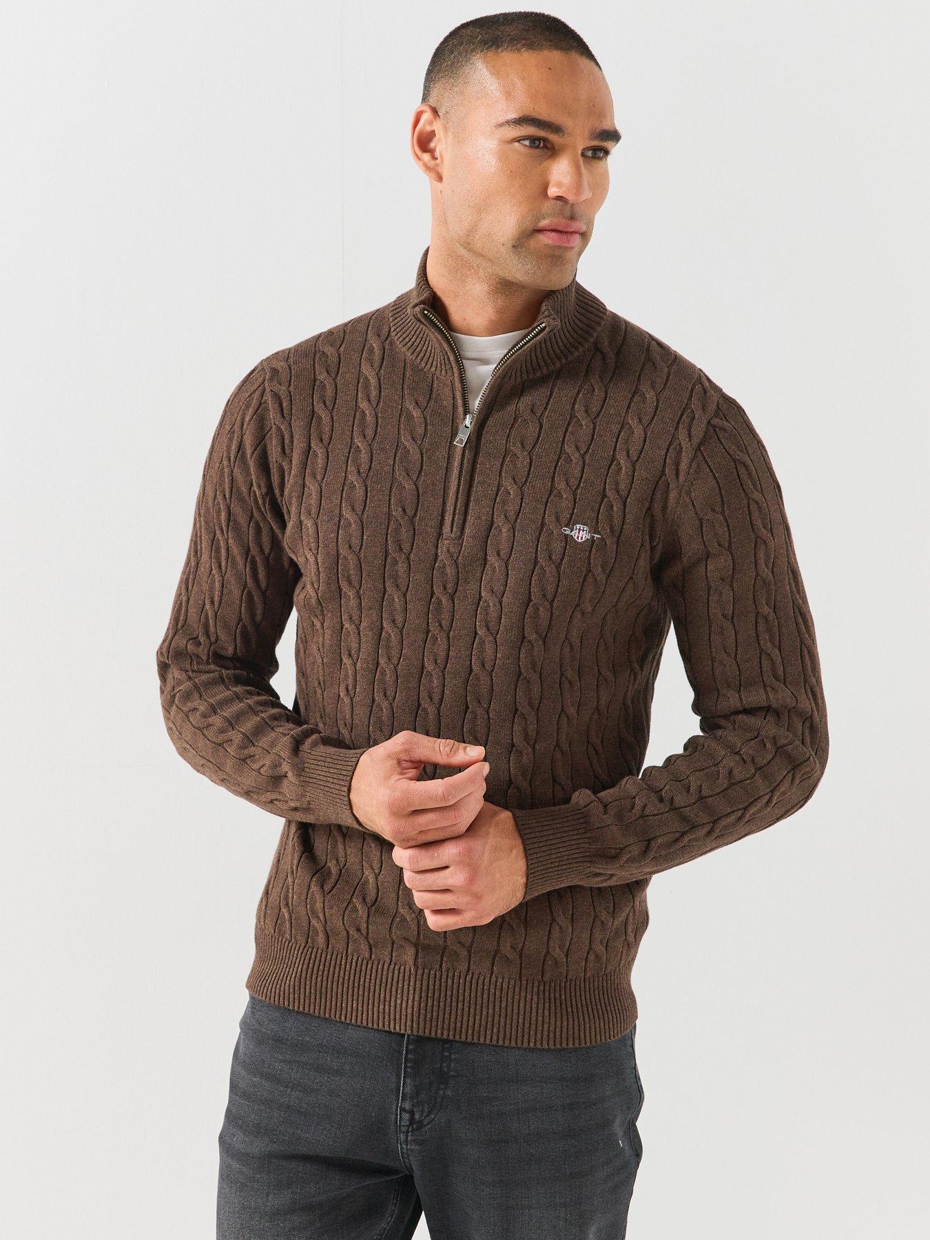 Image 1 of 6 of GANT Cotton Cable Half Zip Knitted Jumper - Dark Brown