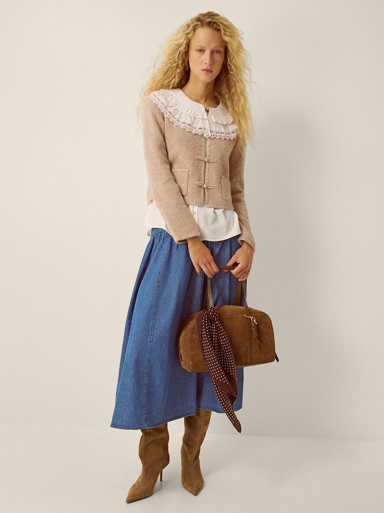 Image 3 of 6 of Monsoon Womens Knot Trim Cropped Crew Neck Cardigan - Cream