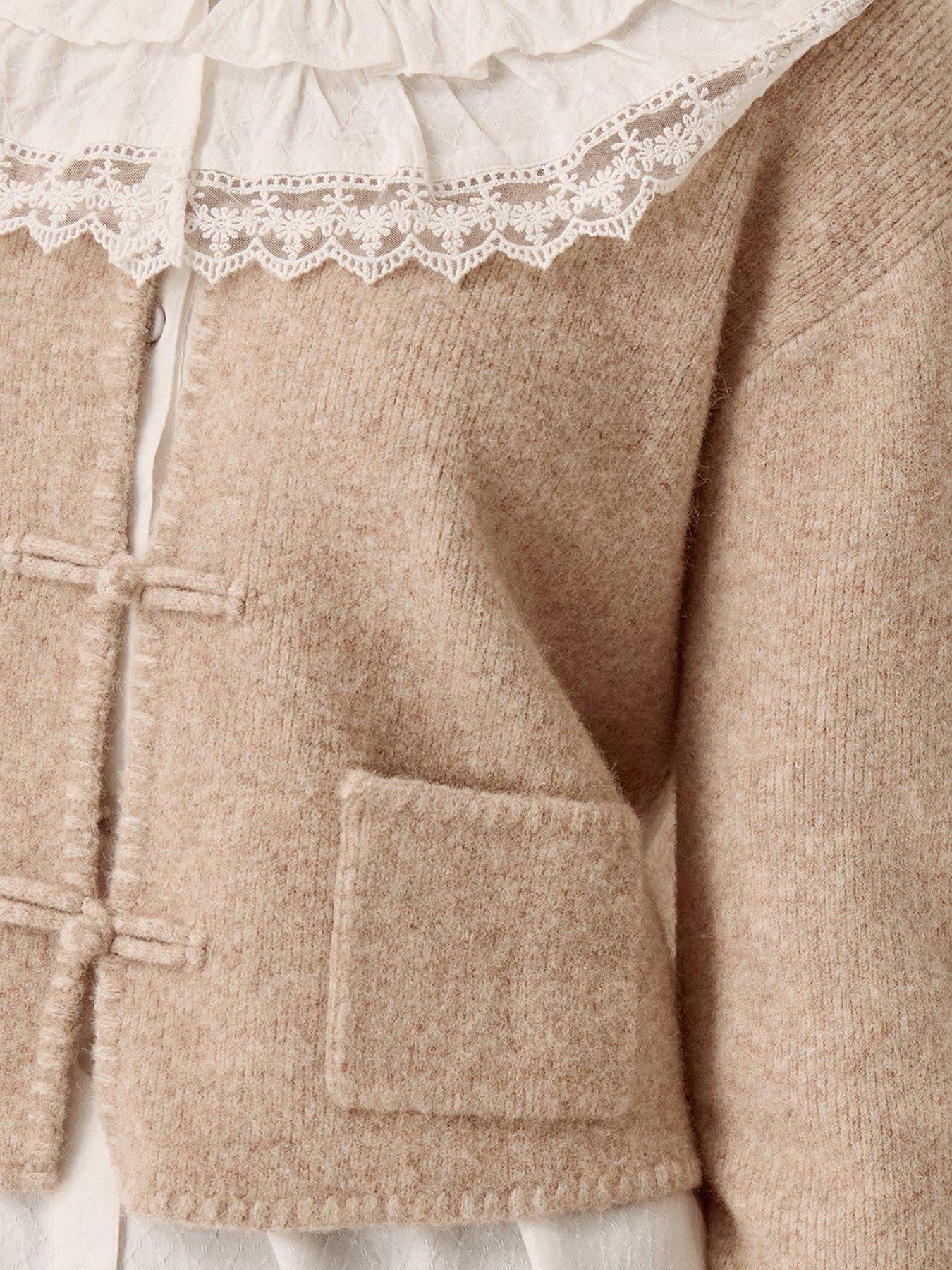 Image 4 of 6 of Monsoon Womens Knot Trim Cropped Crew Neck Cardigan - Cream
