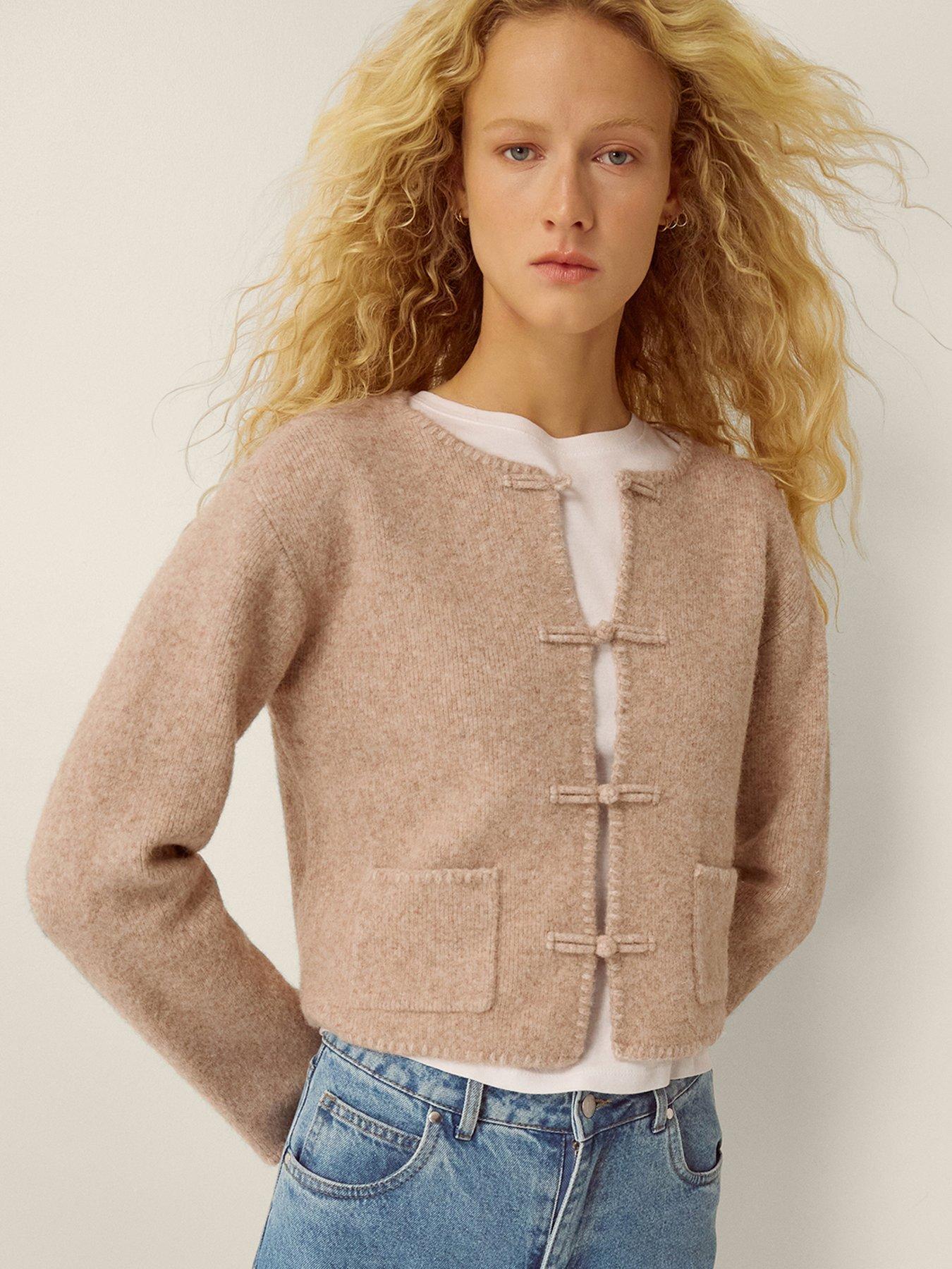 Image 5 of 6 of Monsoon Womens Knot Trim Cropped Crew Neck Cardigan - Cream