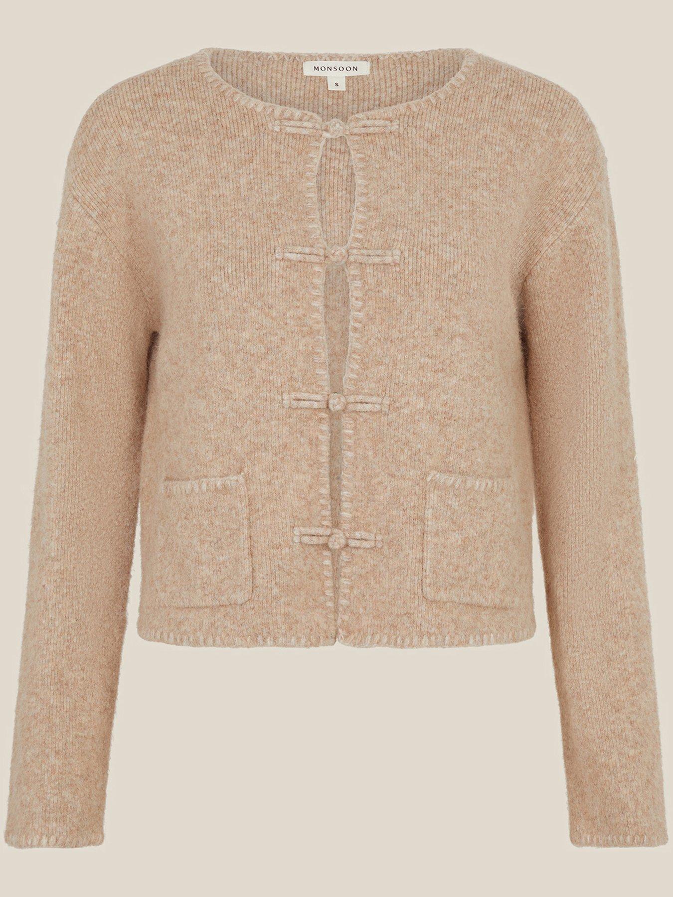 Image 6 of 6 of Monsoon Womens Knot Trim Cropped Crew Neck Cardigan - Cream