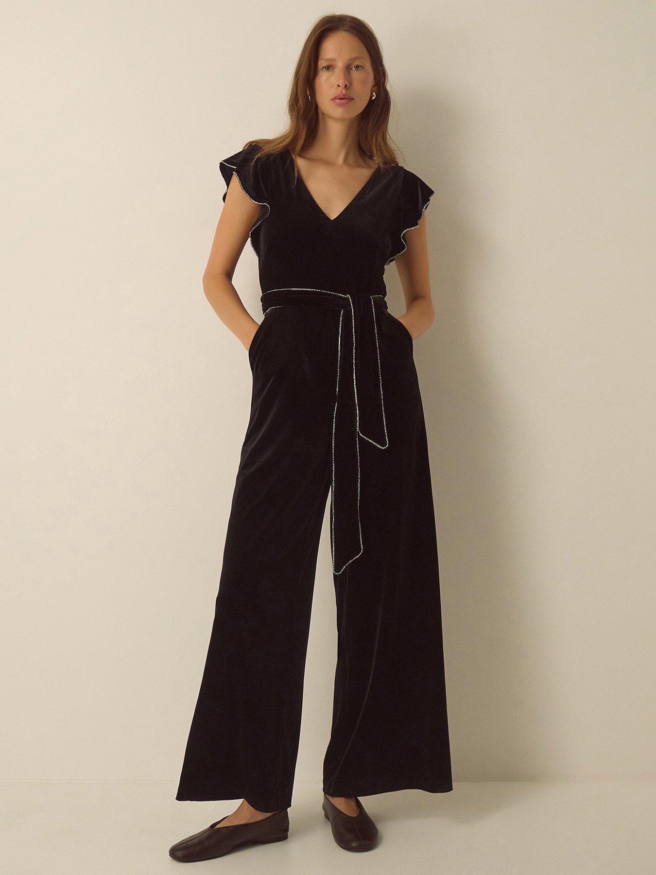 Image 1 of 5 of Monsoon Womens Dionne Velvet Diamant&eacute; Trim Wide Leg Jumpsuit - Black